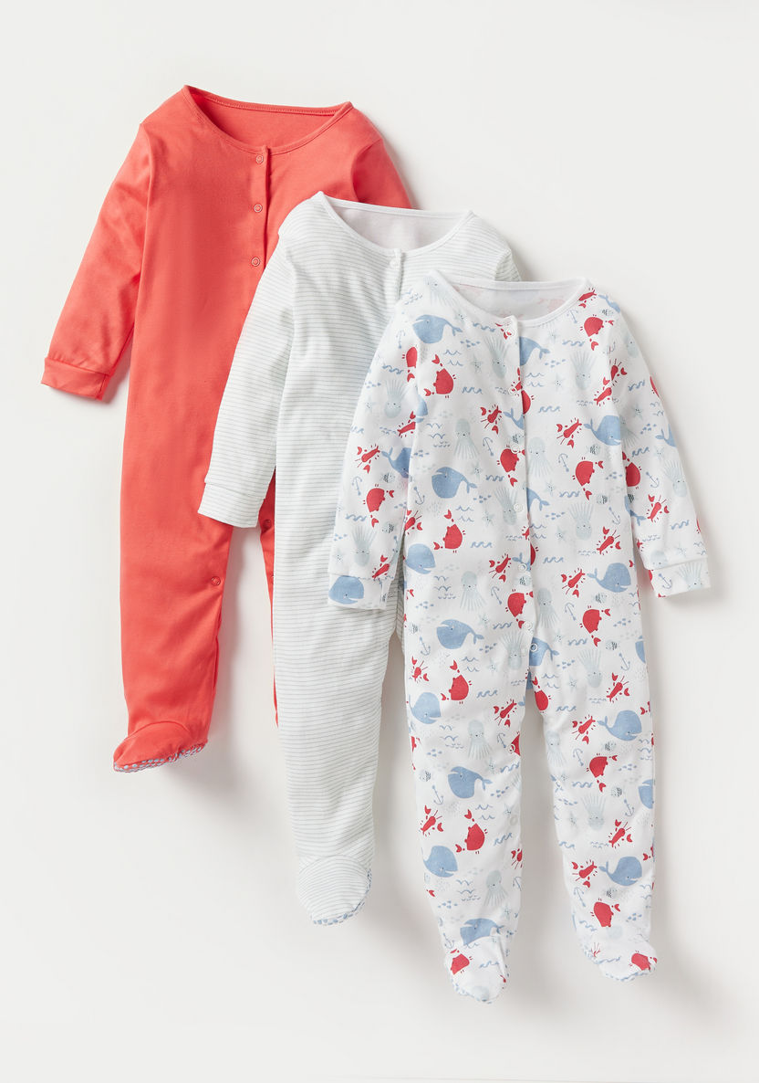 Juniors Printed Long Sleeves Sleepsuit with Button Closure - Set of 3-Sleepsuits-image-0