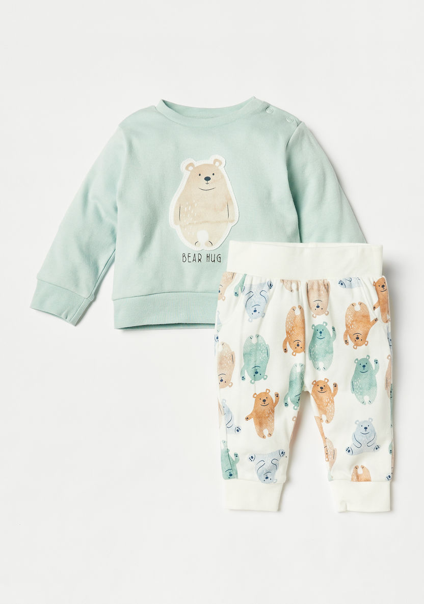 Juniors Bear Applique Sweatshirt and Printed Pyjama Set-Pyjama Sets-image-0