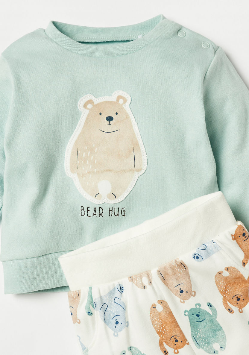 Juniors Bear Applique Sweatshirt and Printed Pyjama Set-Pyjama Sets-image-3