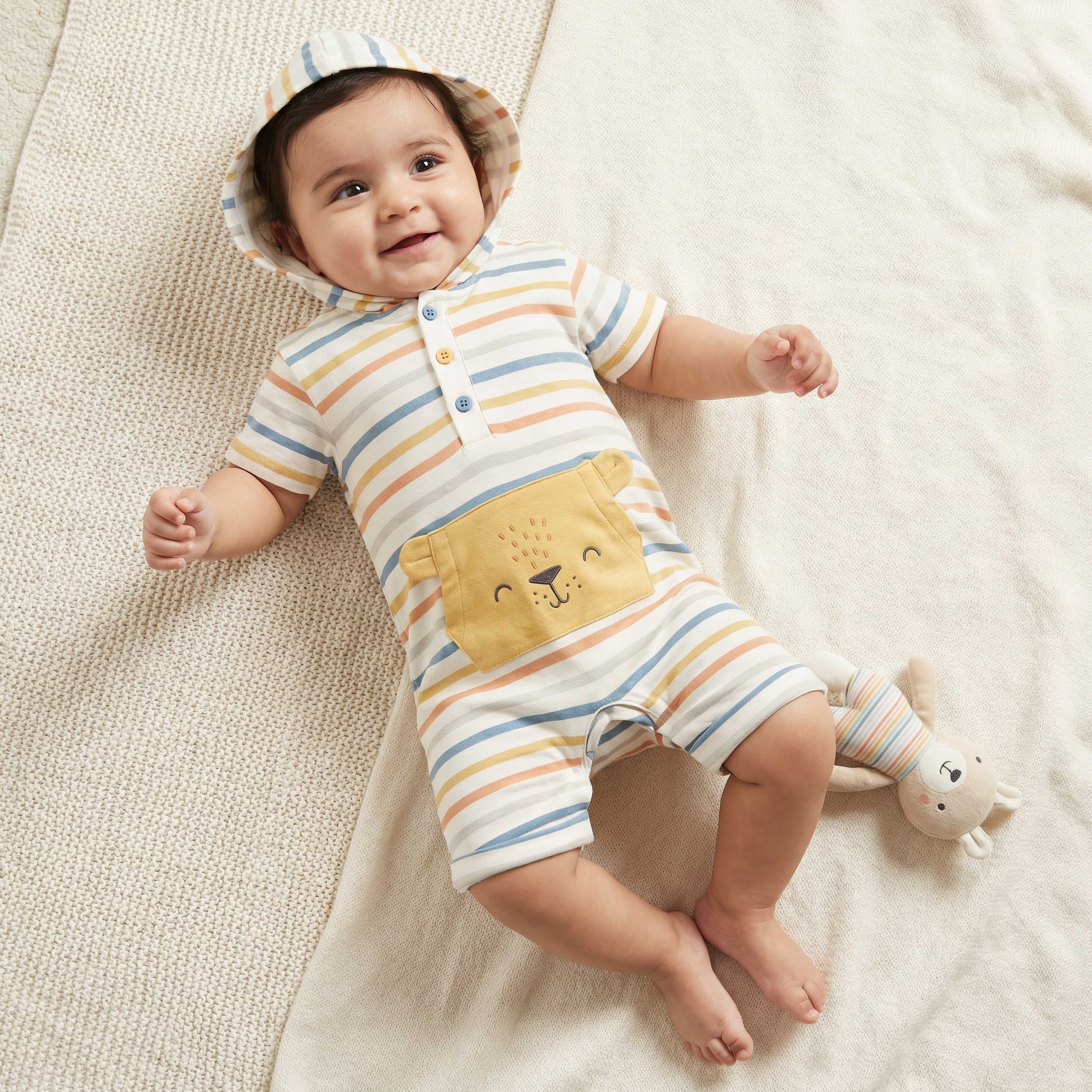 Juniors Hooded Neck Short Sleeves Romper with Stripes-baby-boys-clothing-rompers-image-1