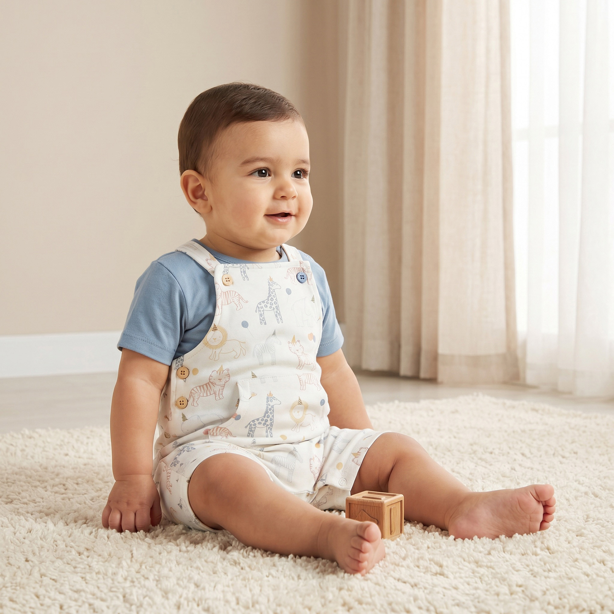 طقم تيشيرت بياقة مستديرة وأكمام قصيرة ودنغري بطبعات سفاري من جونيورز-baby-boys-clothing-setsandcoords-image-1