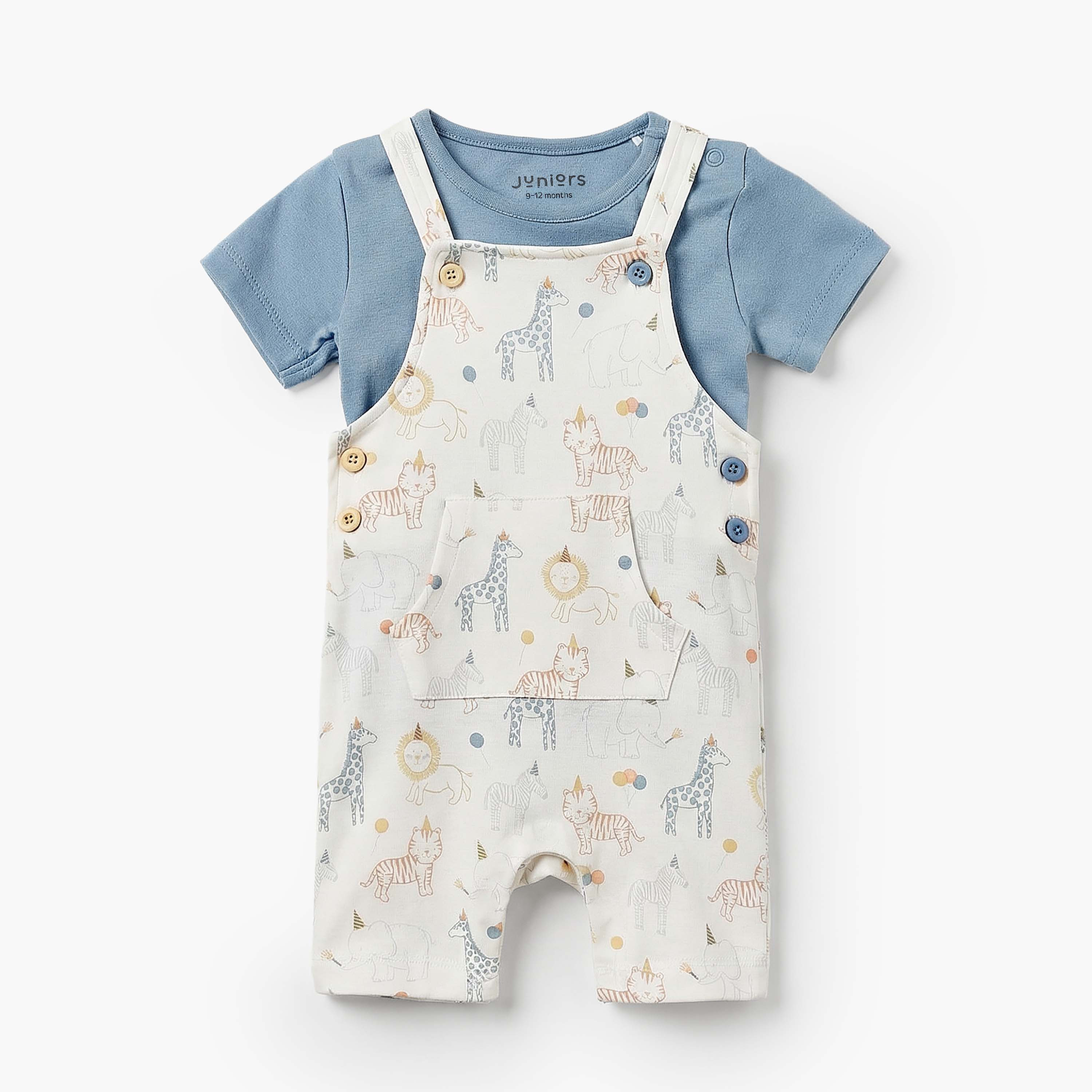 طقم تيشيرت بياقة مستديرة وأكمام قصيرة ودنغري بطبعات سفاري من جونيورز-baby-boys-clothing-setsandcoords-image-2