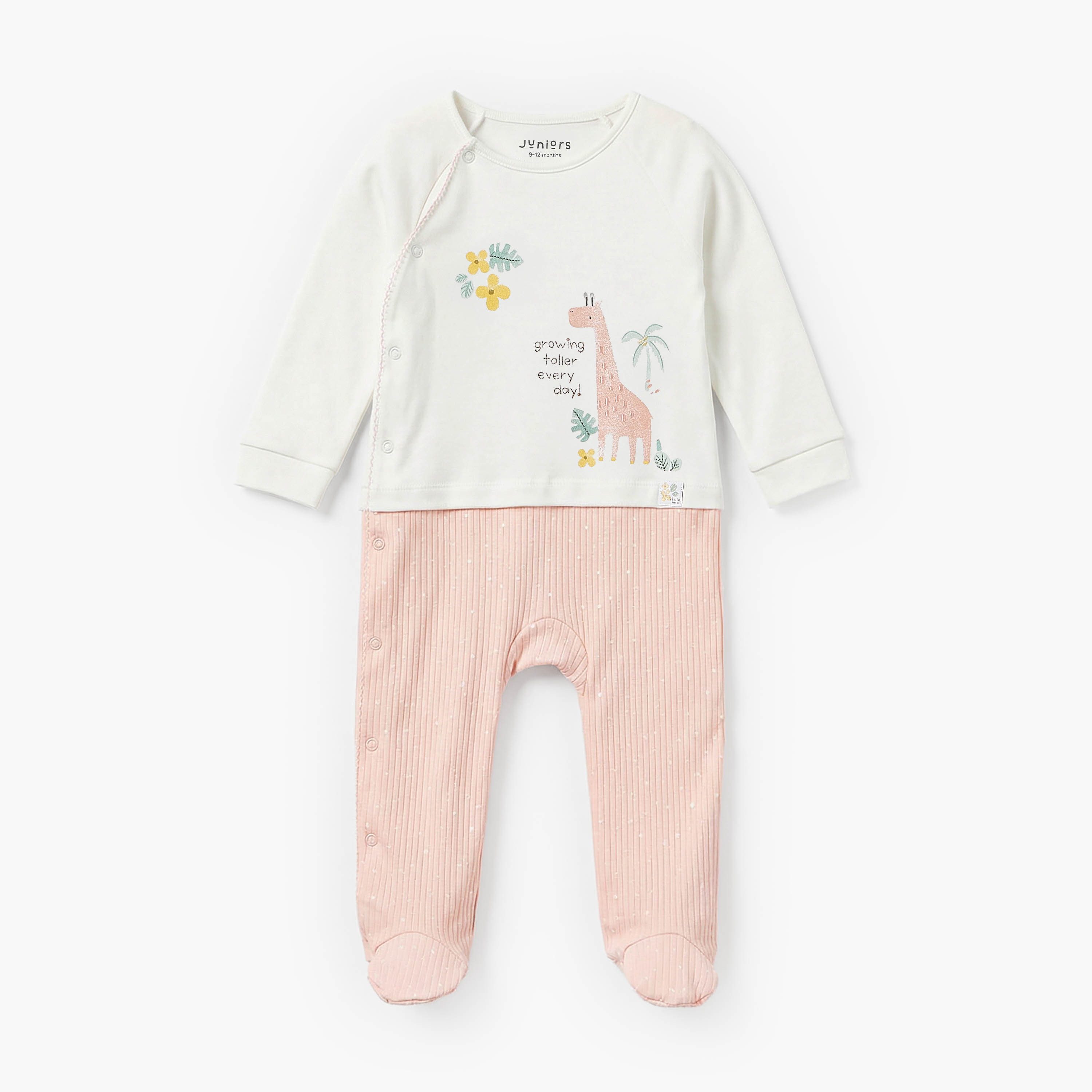 بدلة نوم قطن بتطريز زرافة وياقة مستديرة وأكمام طويلة من جونيورز-baby-girls-clothing-nightwear-sleepsuits-image-1