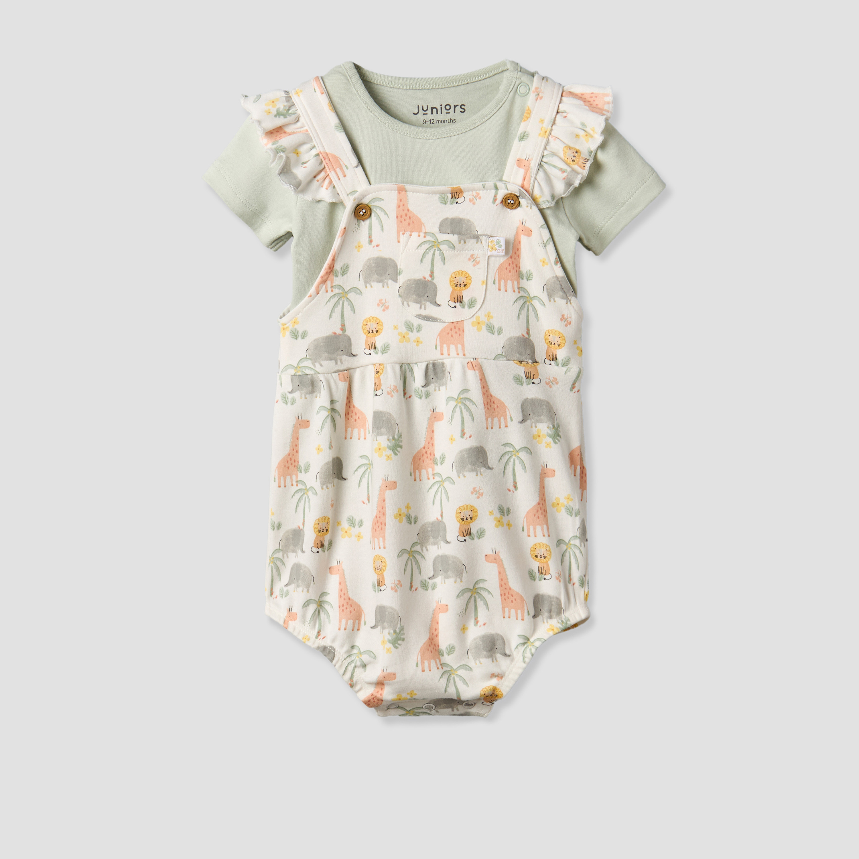 Juniors Round Neck Short Sleeves T-shirt and Dungaree Set with Safari Print-baby-girls-clothing-setsandcoords-image-2