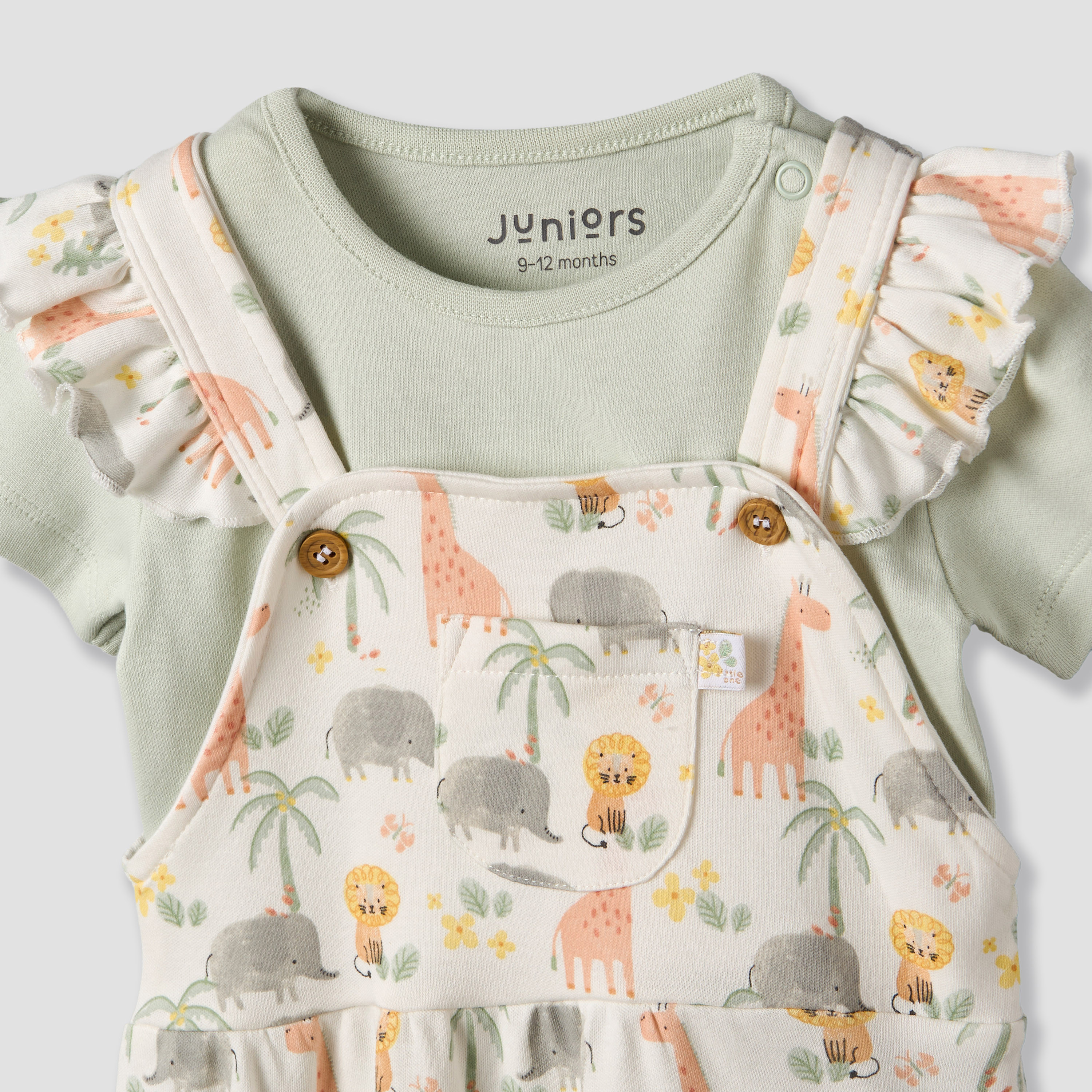 Juniors Round Neck Short Sleeves T-shirt and Dungaree Set with Safari Print-baby-girls-clothing-setsandcoords-image-5
