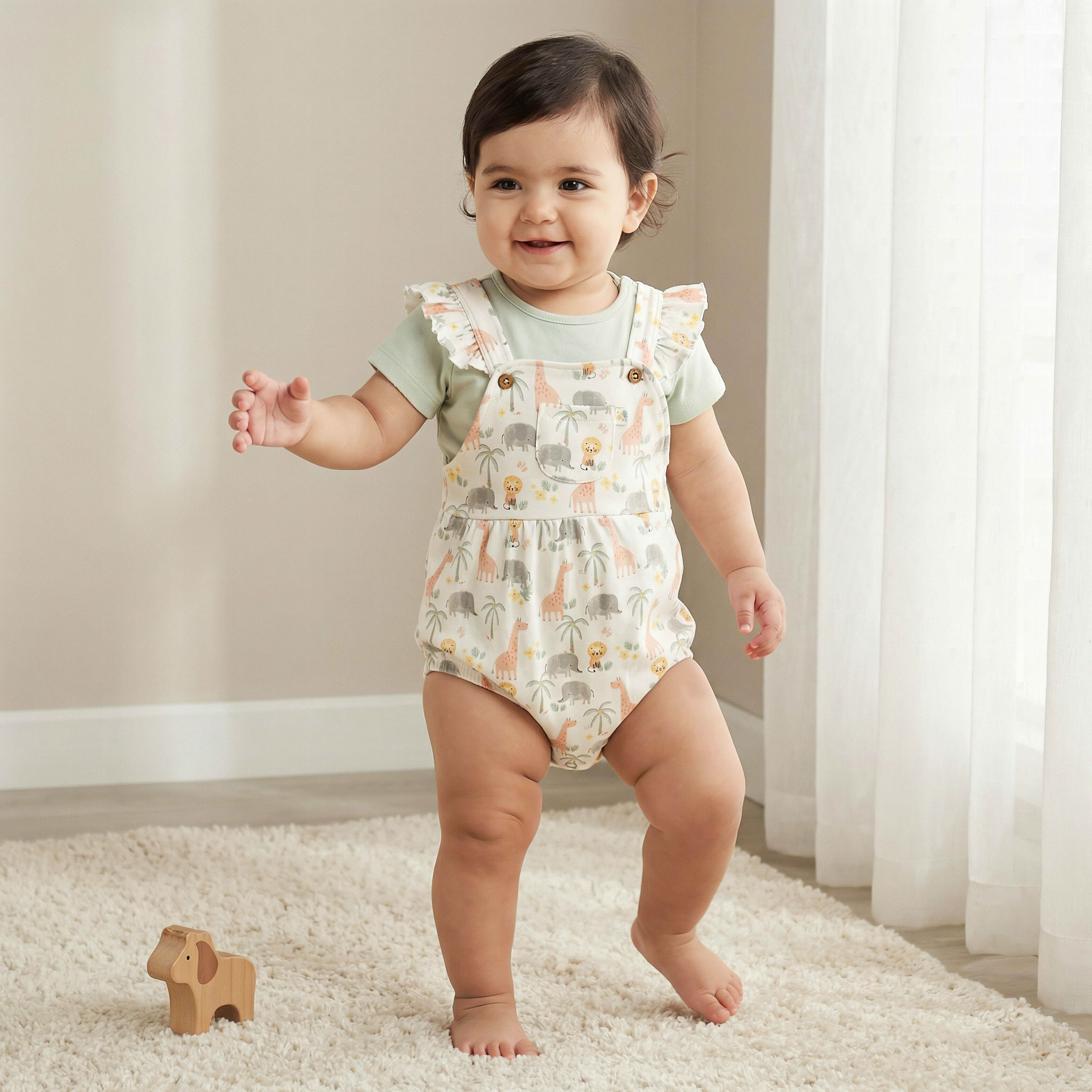 Juniors Round Neck Short Sleeves T-shirt and Dungaree Set with Safari Print-baby-girls-clothing-setsandcoords-image-1