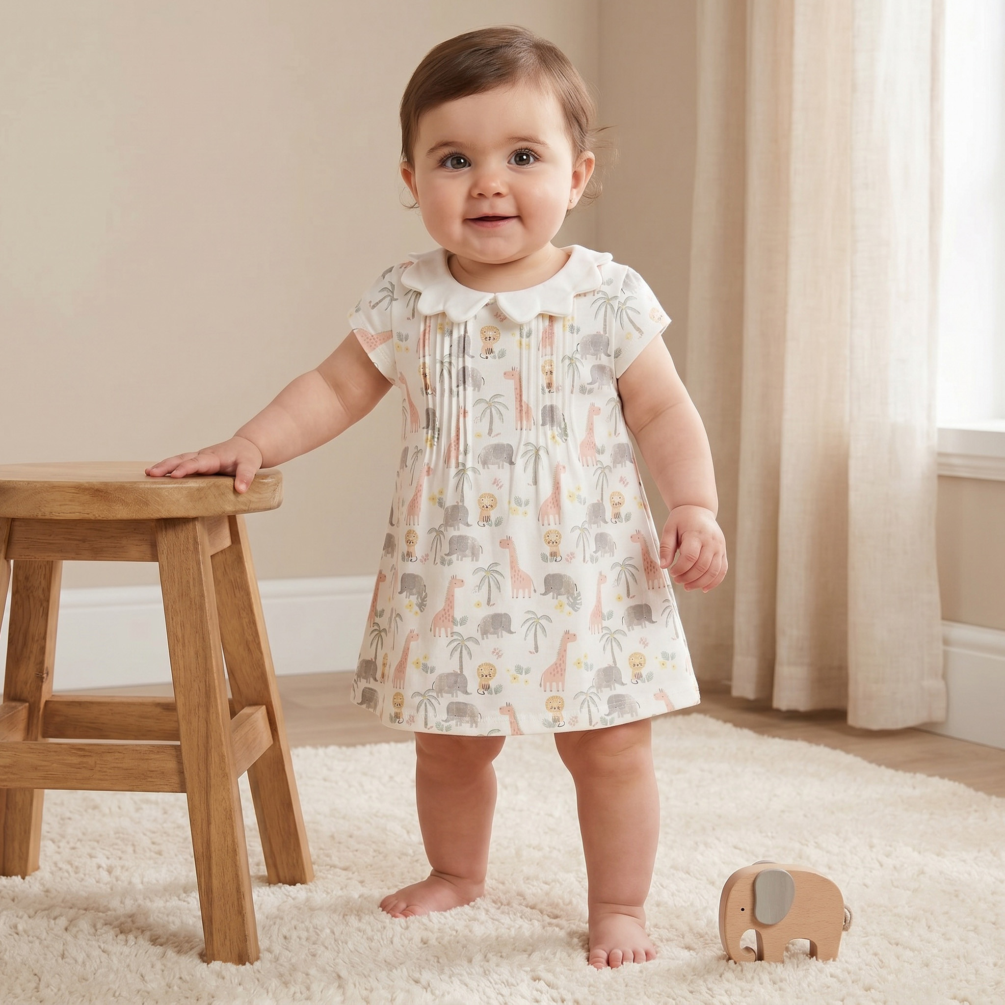 Juniors Peter Pan Collar Short Sleeves A-line Dress with Safari Print-baby-girls-clothing-dressesandjumpsuits-image-1