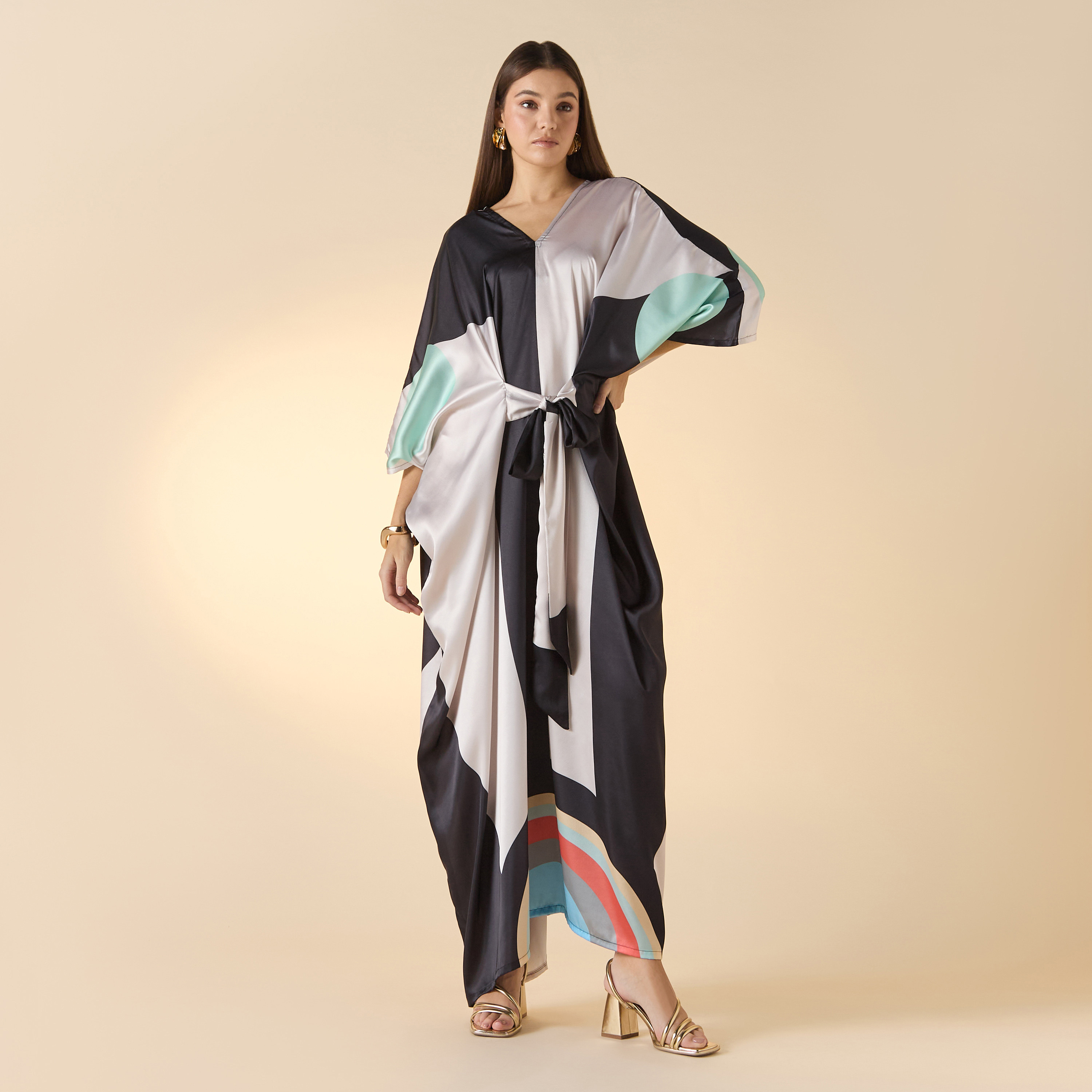 FYOR Printed V-Neck Maxi Front Tie-Up Kaftan Dress-women-clothing-dresses-image-1