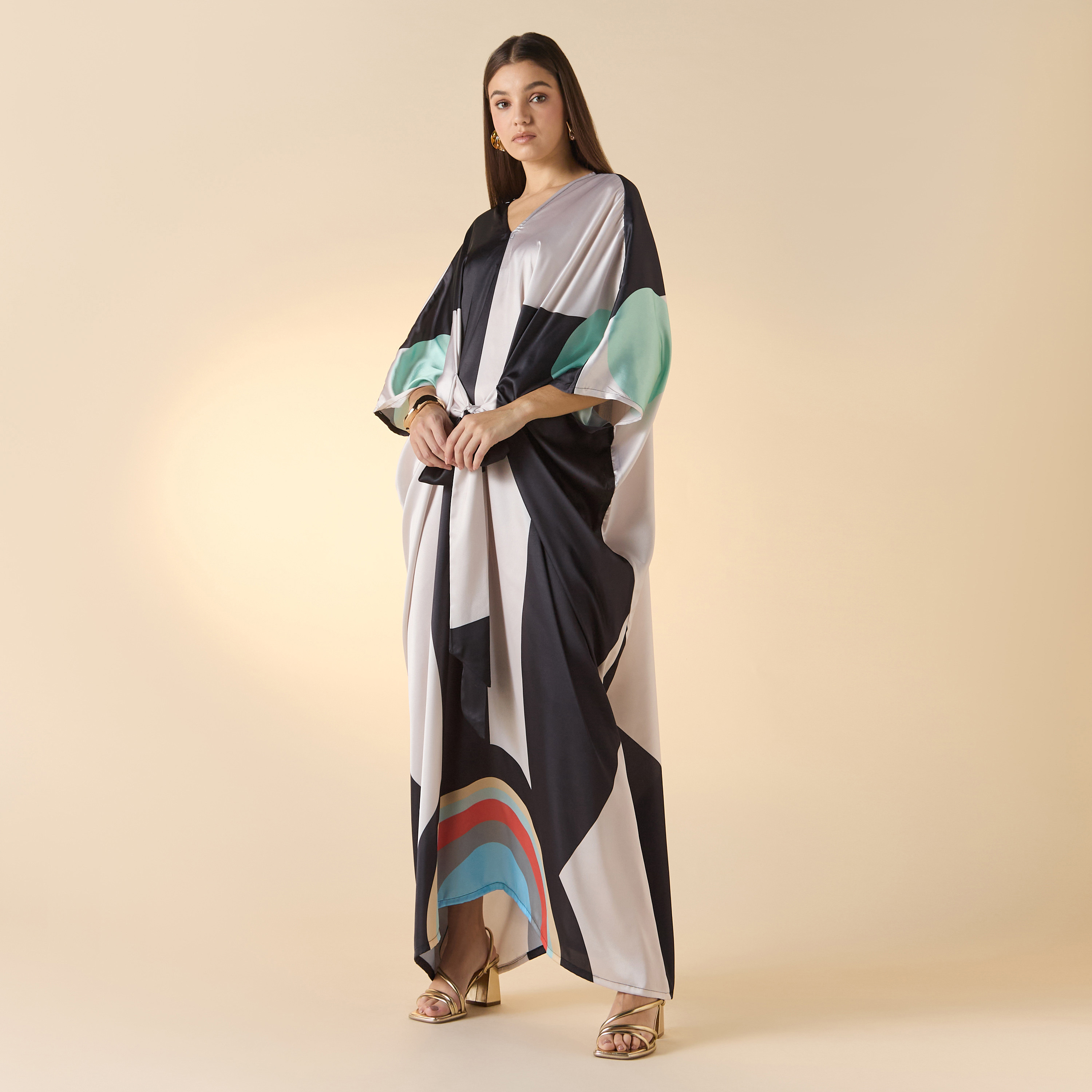 FYOR Printed V-Neck Maxi Front Tie-Up Kaftan Dress-women-clothing-dresses-image-3