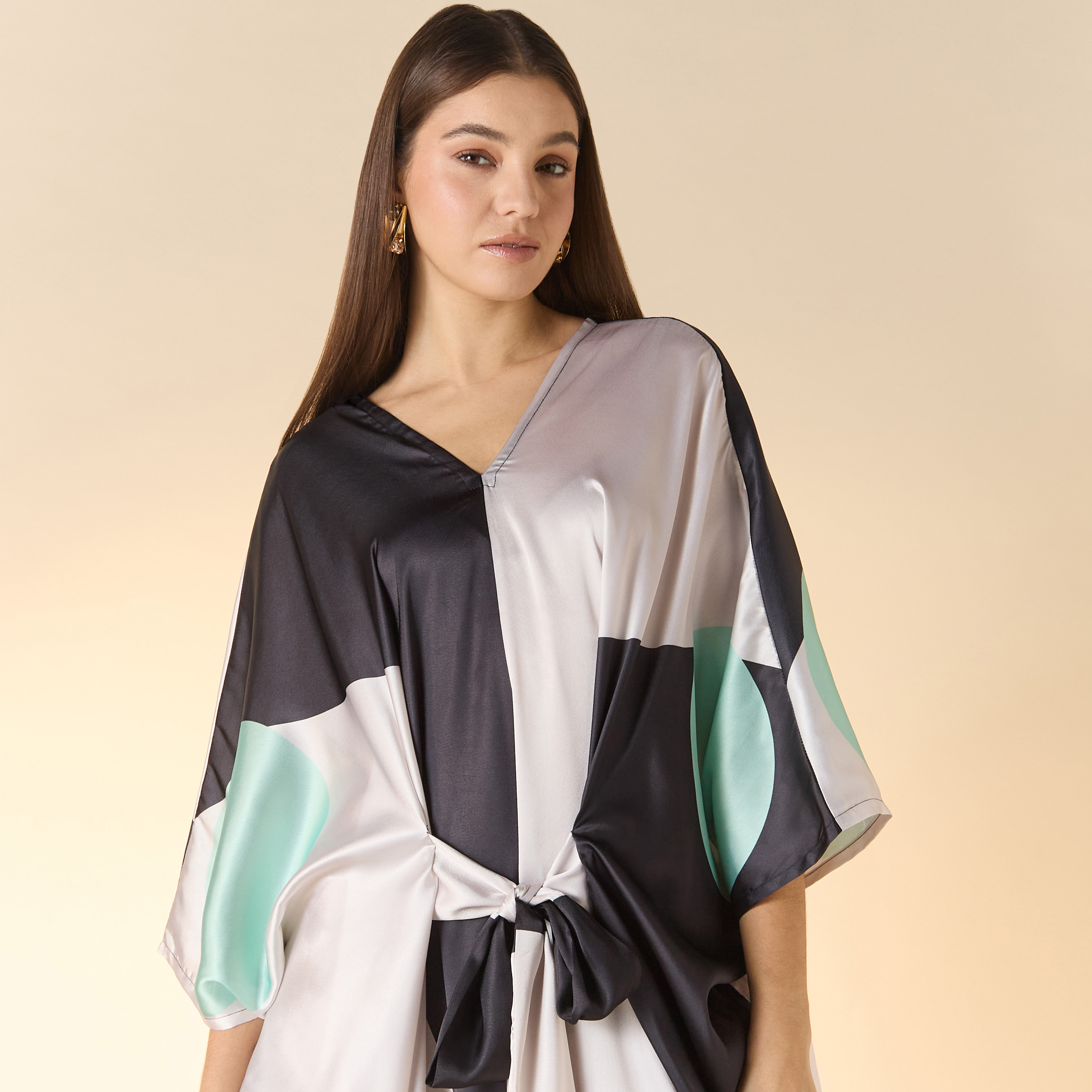 FYOR Printed V-Neck Maxi Front Tie-Up Kaftan Dress-women-clothing-dresses-image-4