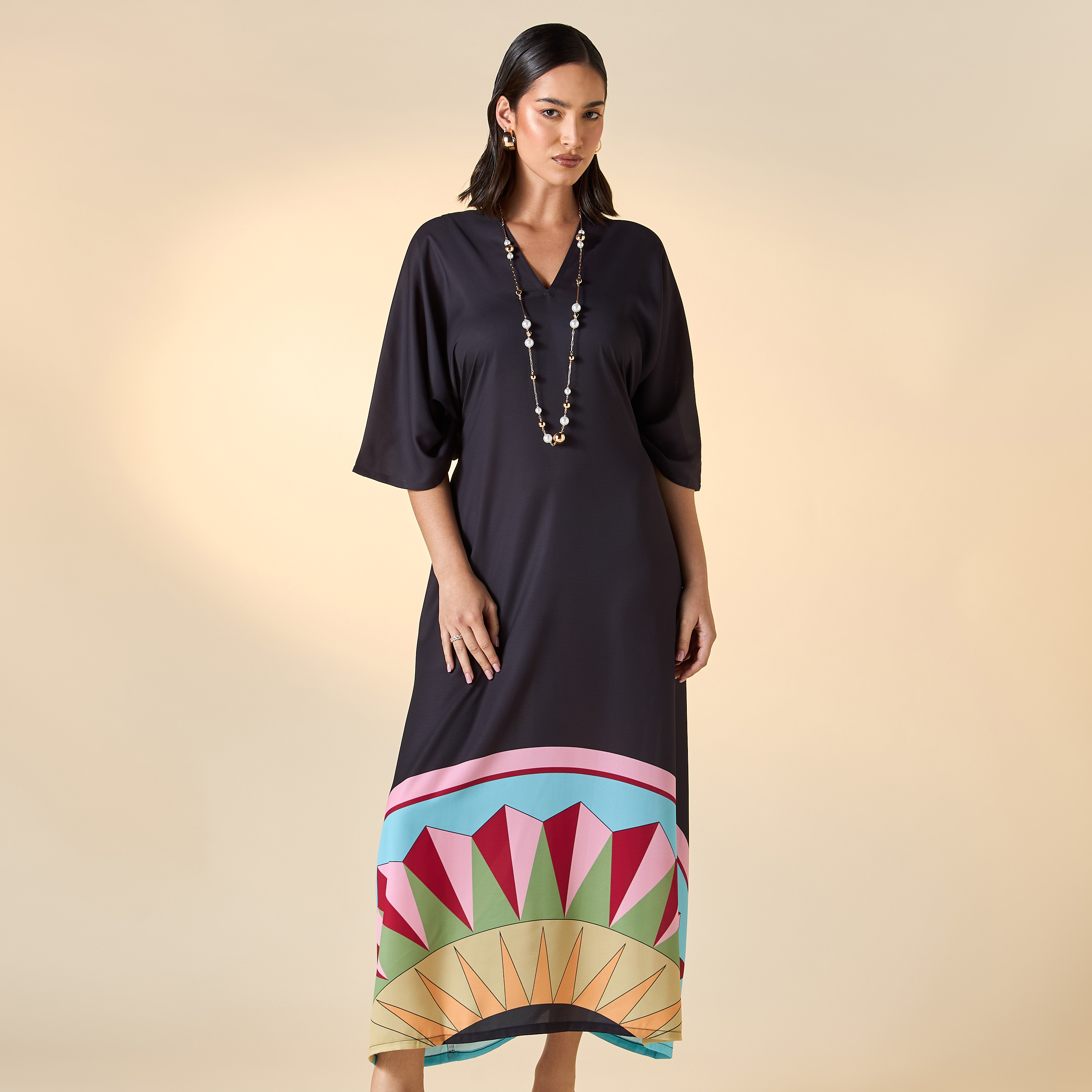 FYOR Printed V-neck Dress with Tie-Up Belt-women-clothing-dresses-image-1