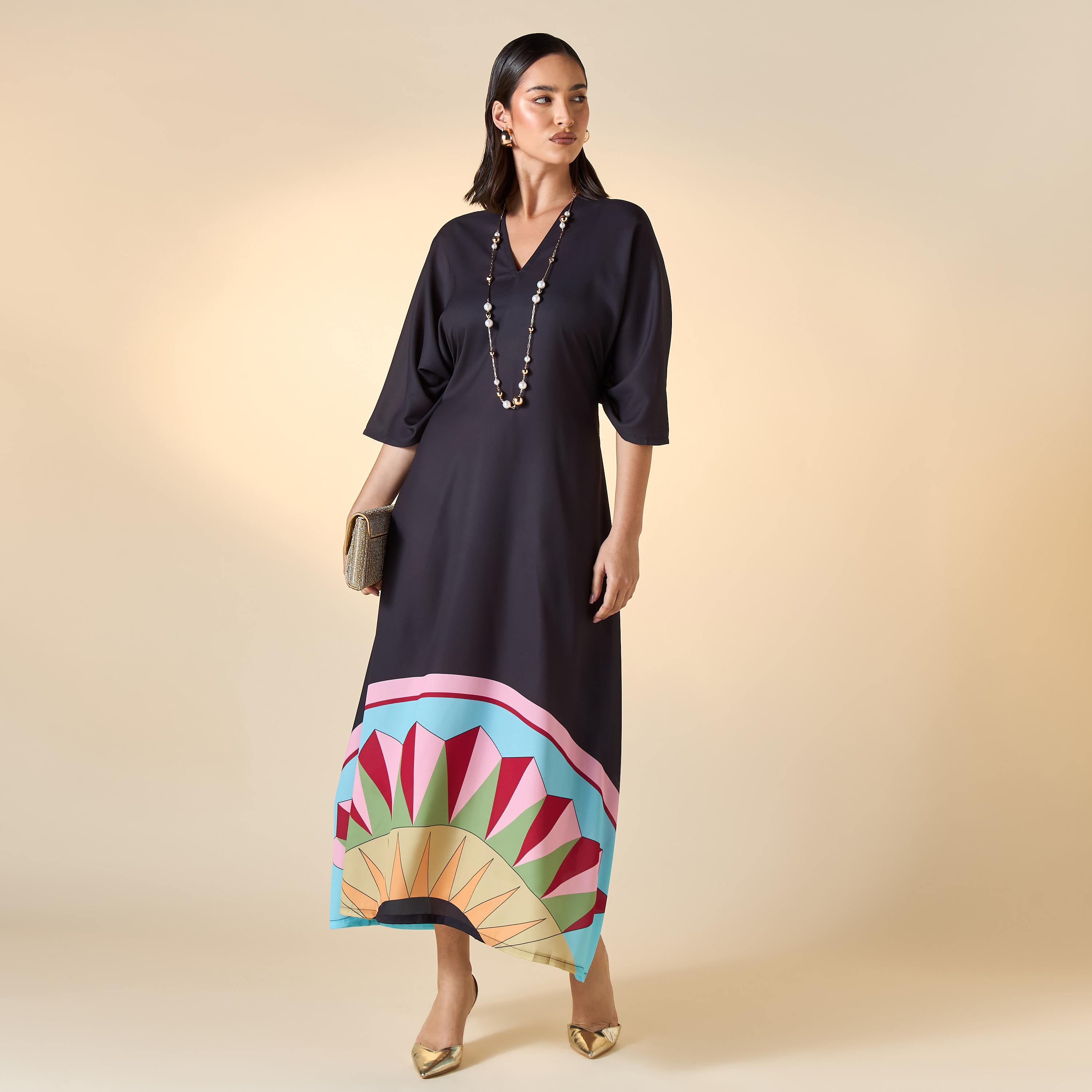 FYOR Printed V-neck Dress with Tie-Up Belt-women-clothing-dresses-image-2