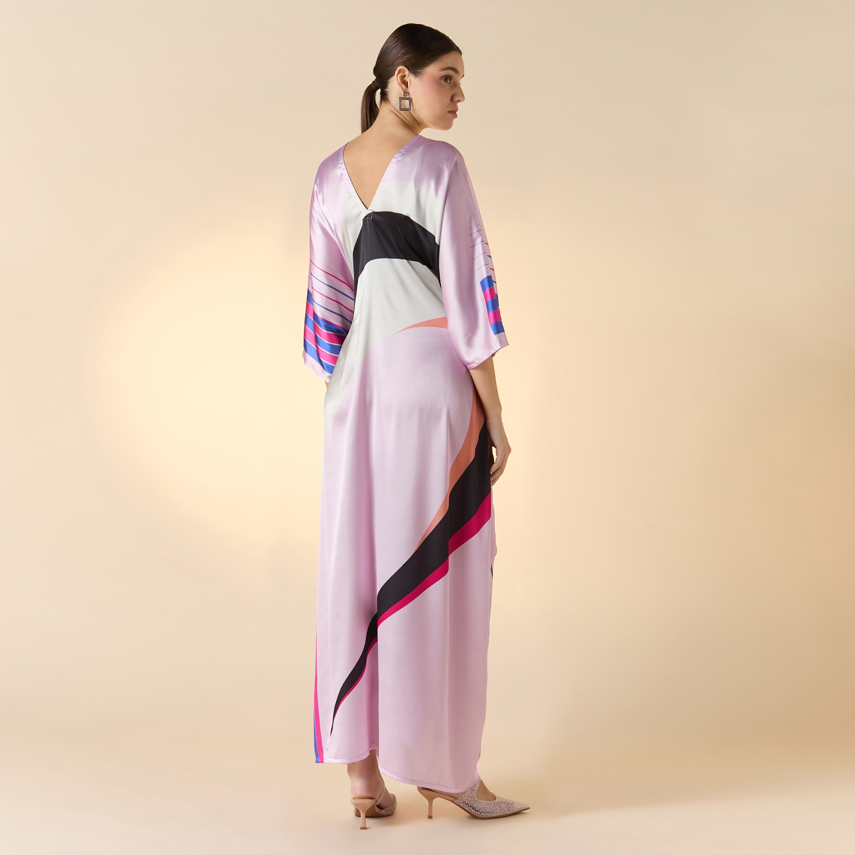 FYOR Printed V-Neck Maxi Front Tie-Up Kaftan Dress-women-arabicclothing-kaftan-image-2