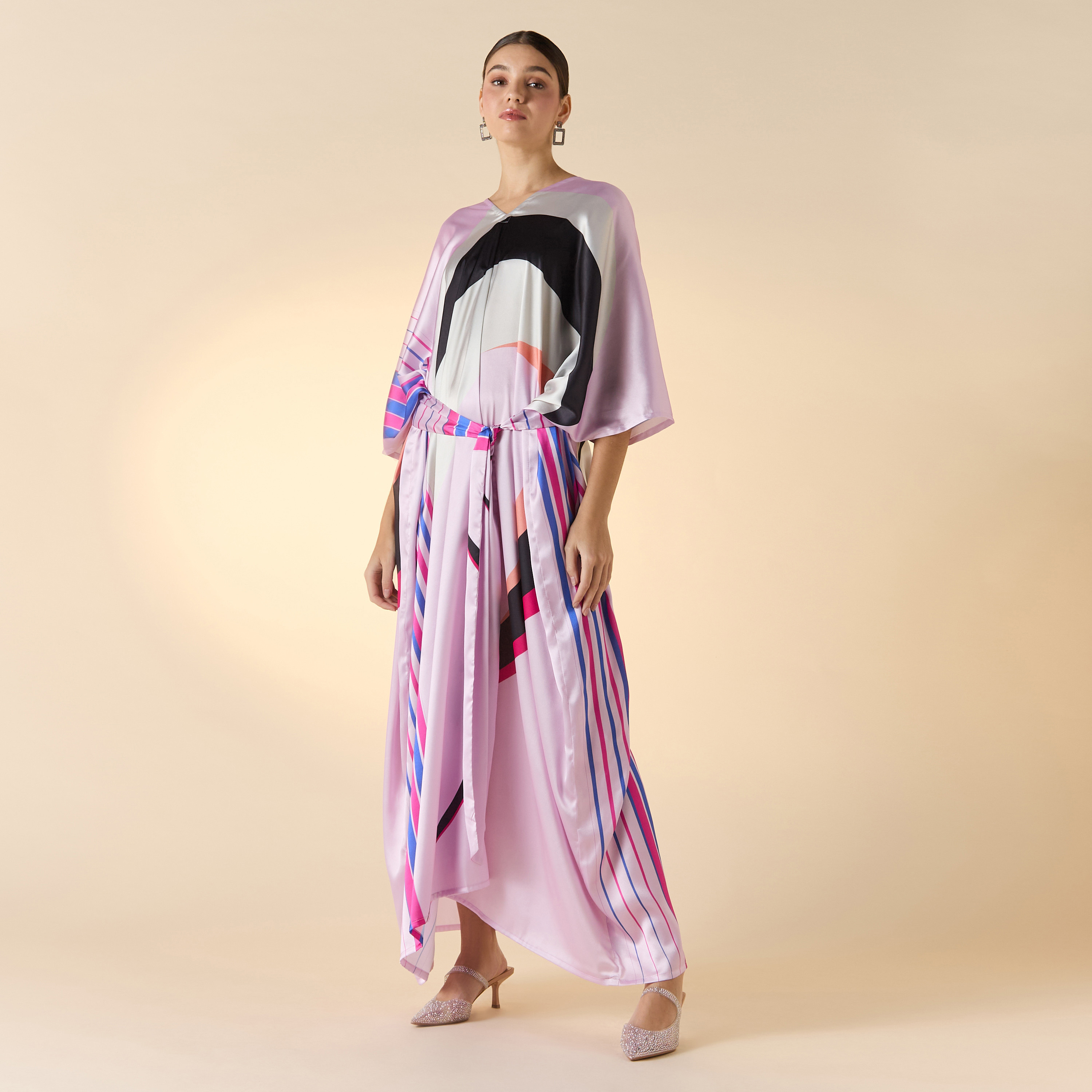 FYOR Printed V-Neck Maxi Front Tie-Up Kaftan Dress-women-arabicclothing-kaftan-image-3