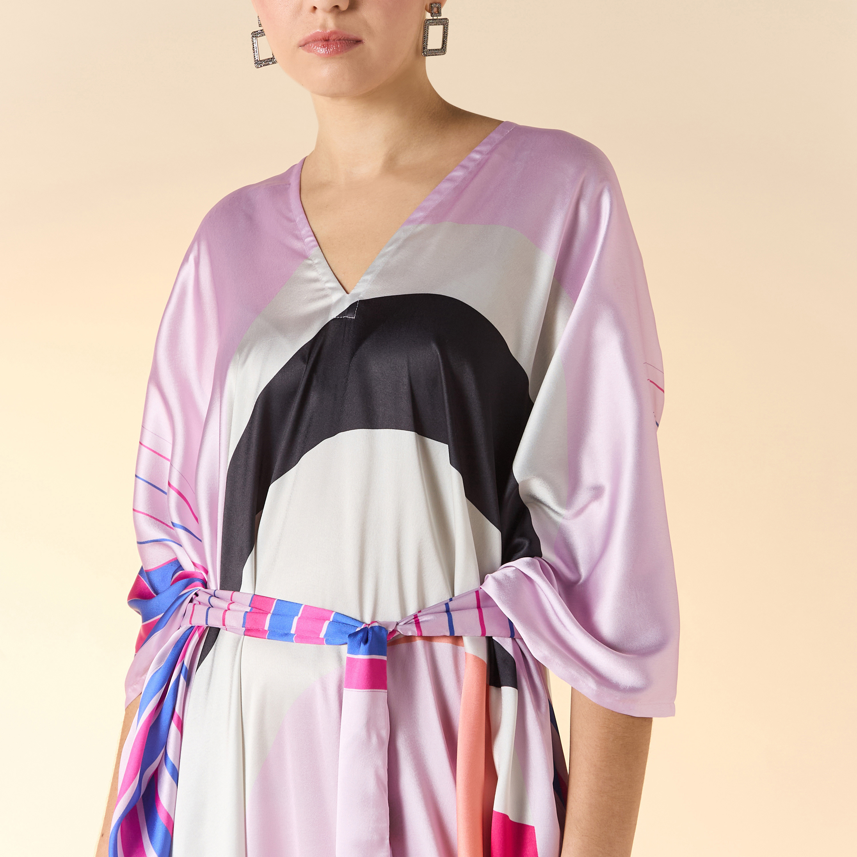 FYOR Printed V-Neck Maxi Front Tie-Up Kaftan Dress-women-arabicclothing-kaftan-image-4