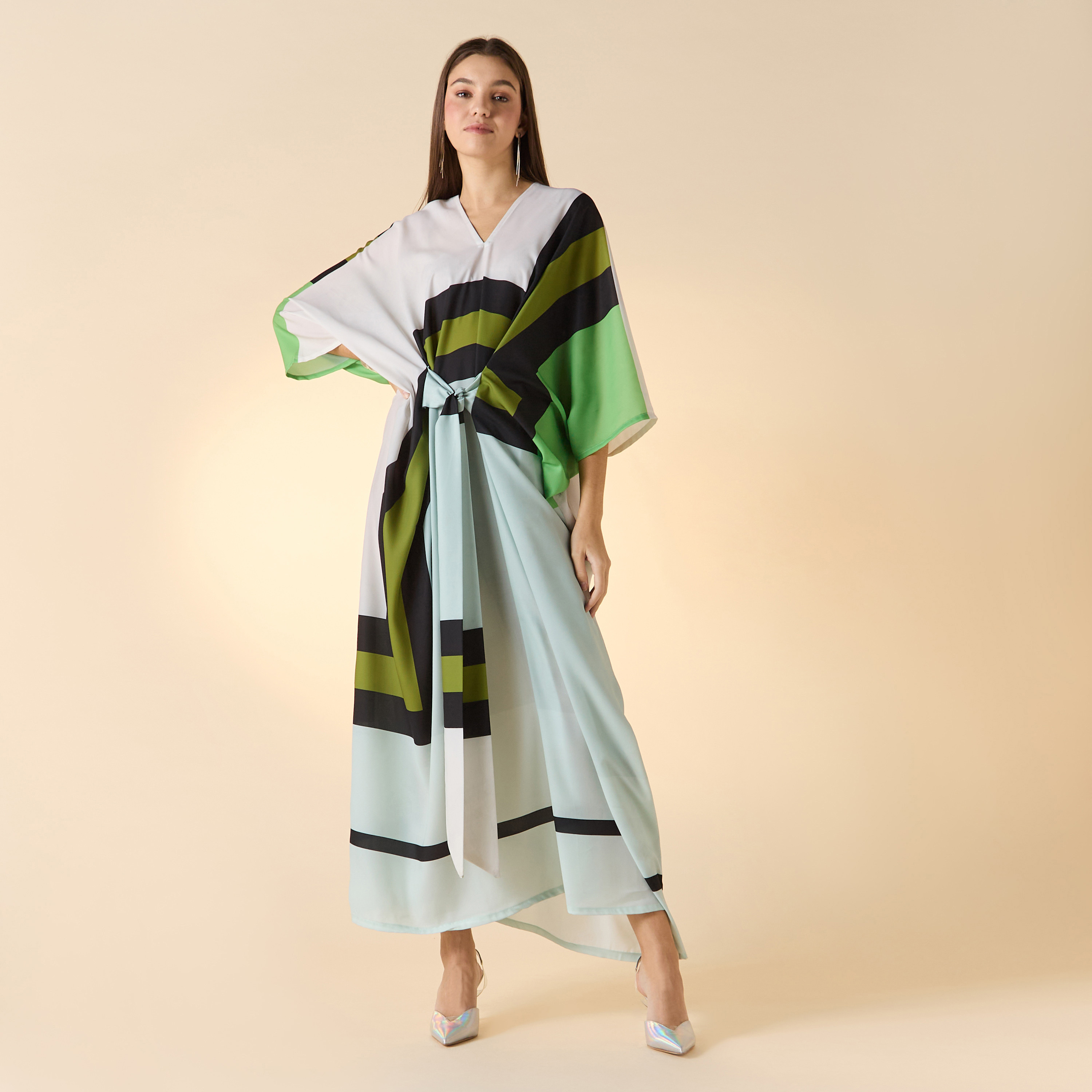 FYOR Printed V-Neck Maxi Front Tie-Up Kaftan Dress-women-arabicclothing-kaftan-image-1