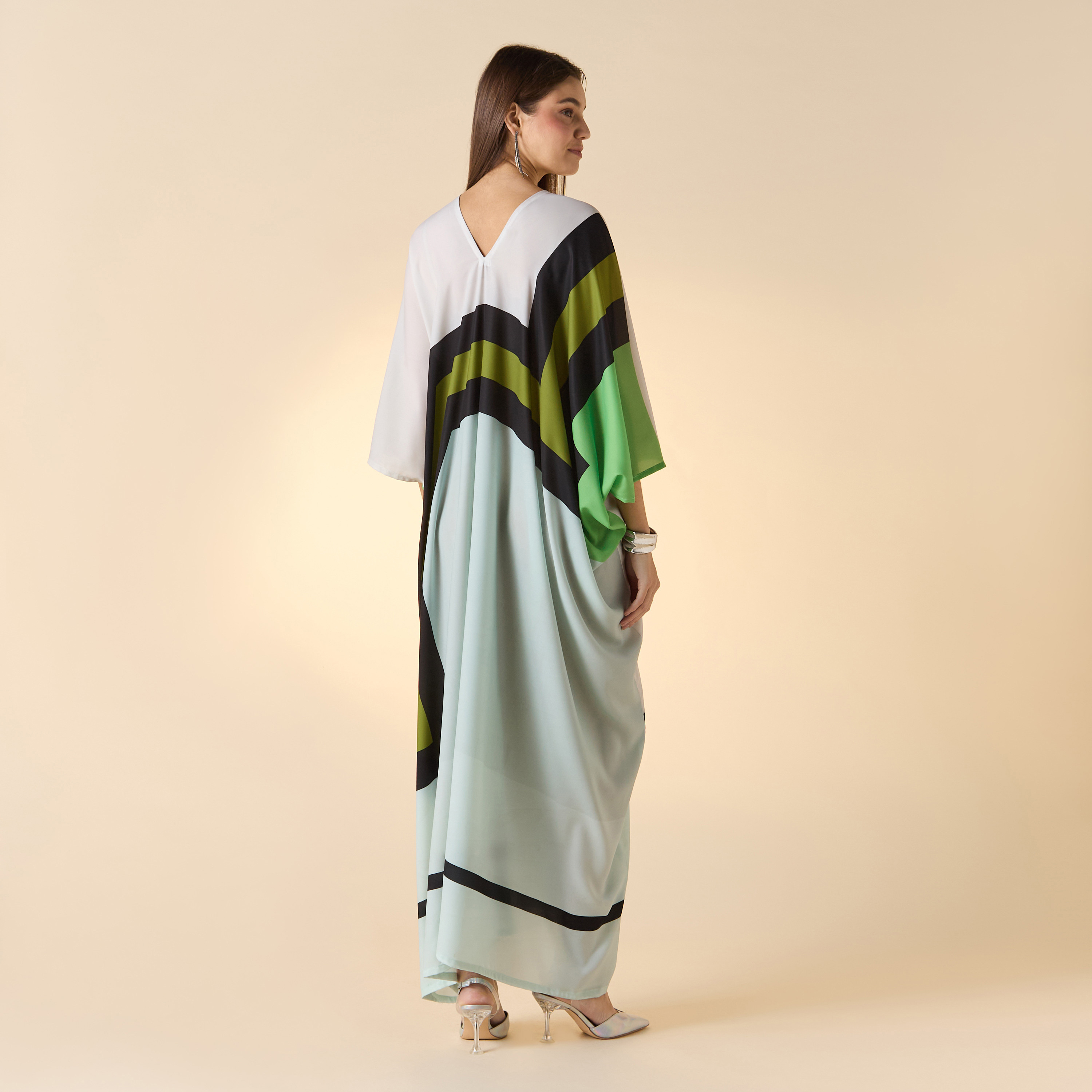 FYOR Printed V-Neck Maxi Front Tie-Up Kaftan Dress-women-arabicclothing-kaftan-image-2