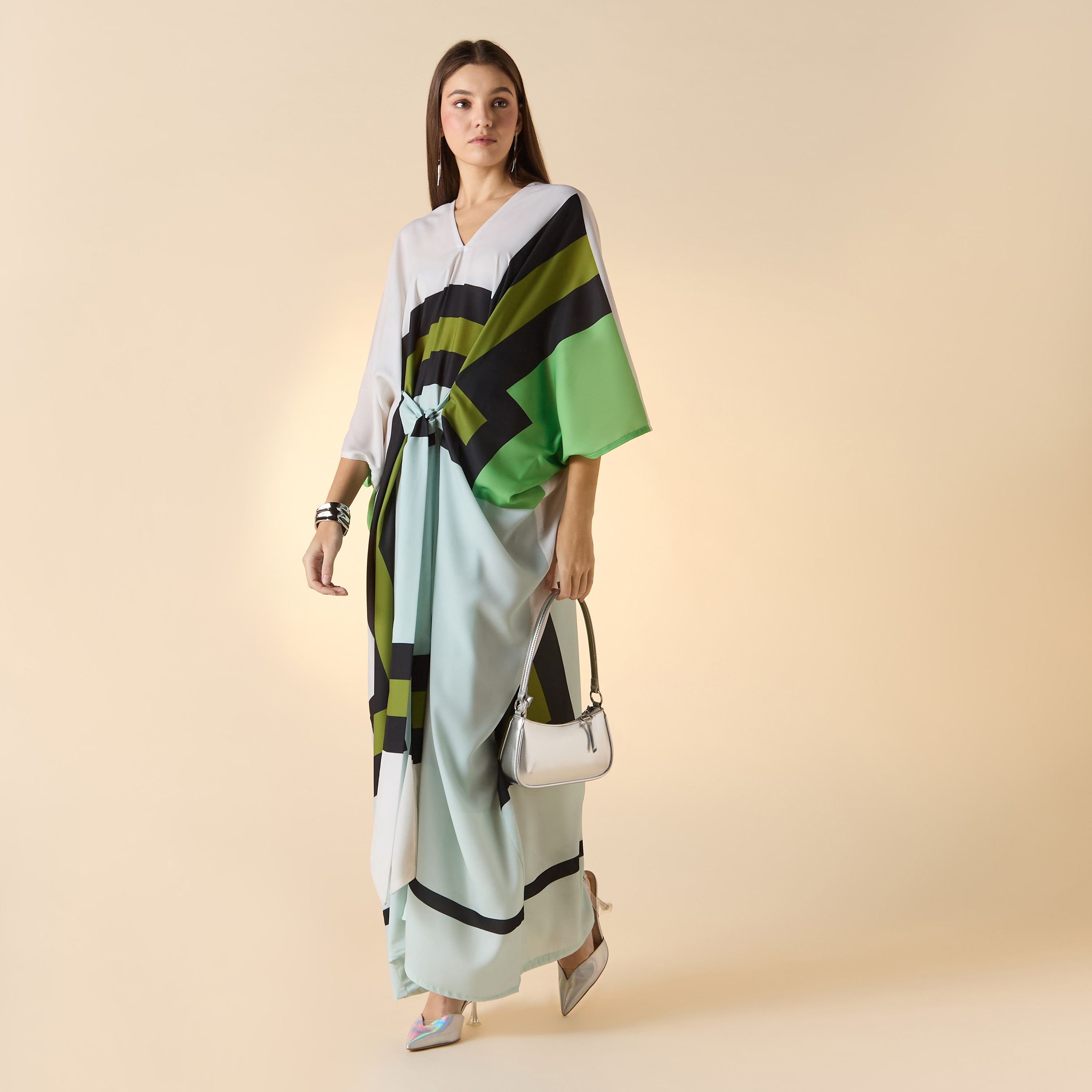 FYOR Printed V-Neck Maxi Front Tie-Up Kaftan Dress-women-arabicclothing-kaftan-image-3