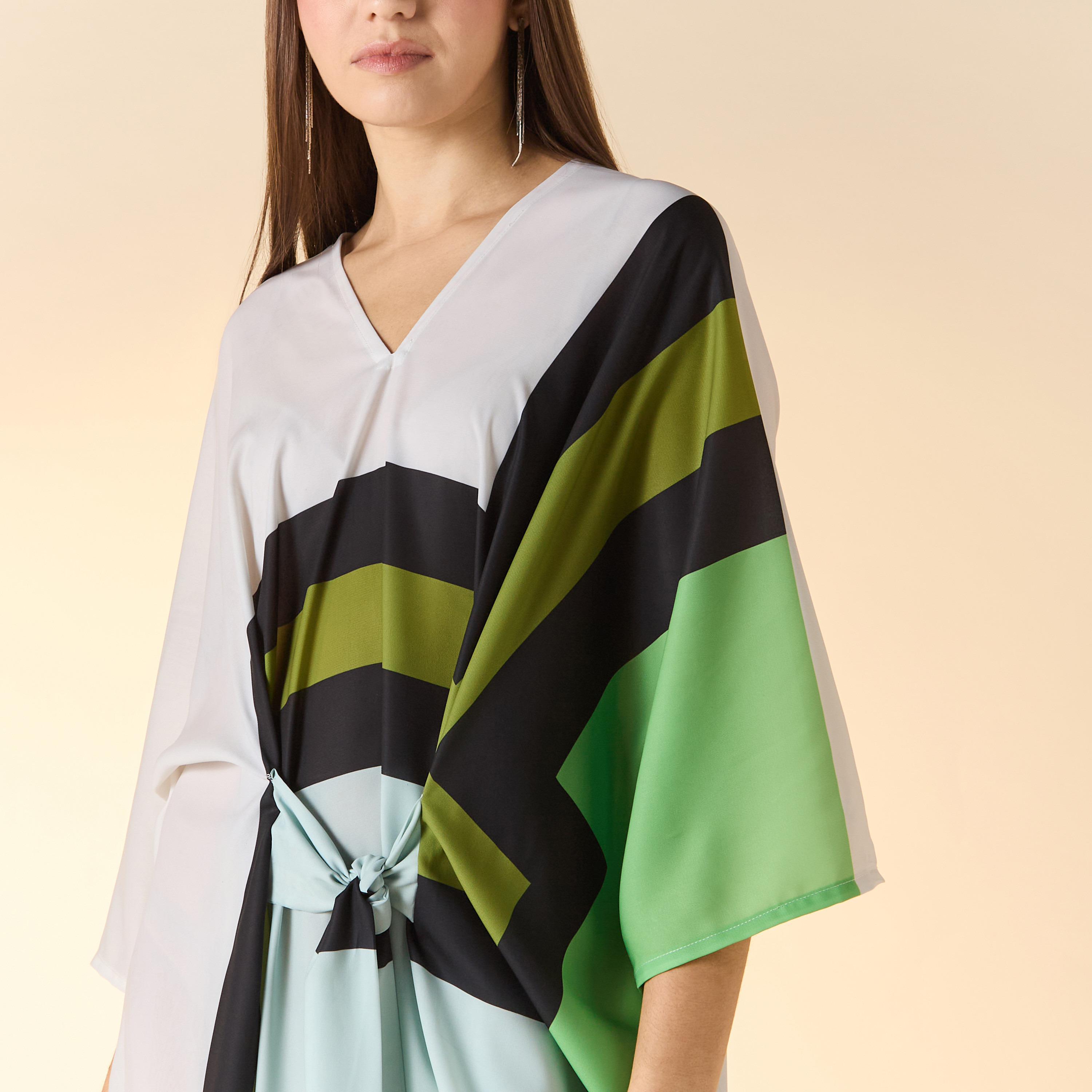 FYOR Printed V-Neck Maxi Front Tie-Up Kaftan Dress-women-arabicclothing-kaftan-image-4