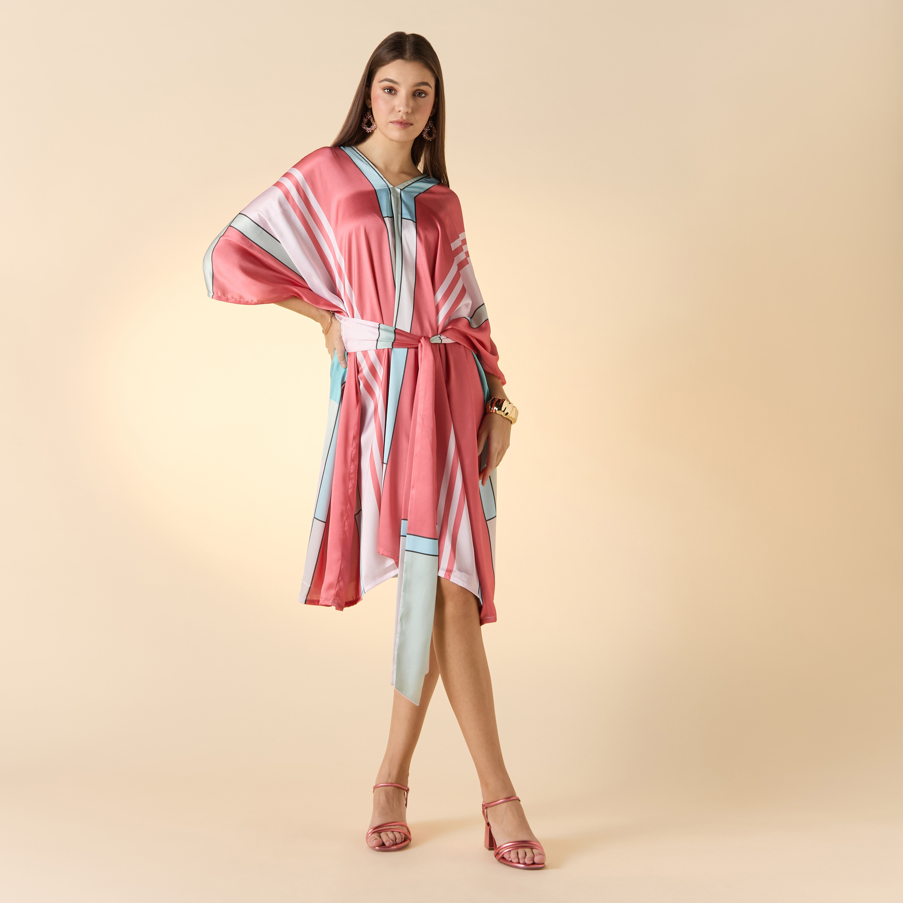 FYOR Printed Kaftan Dress with V-neck and Tie-Up Belt-women-clothing-dresses-image-2