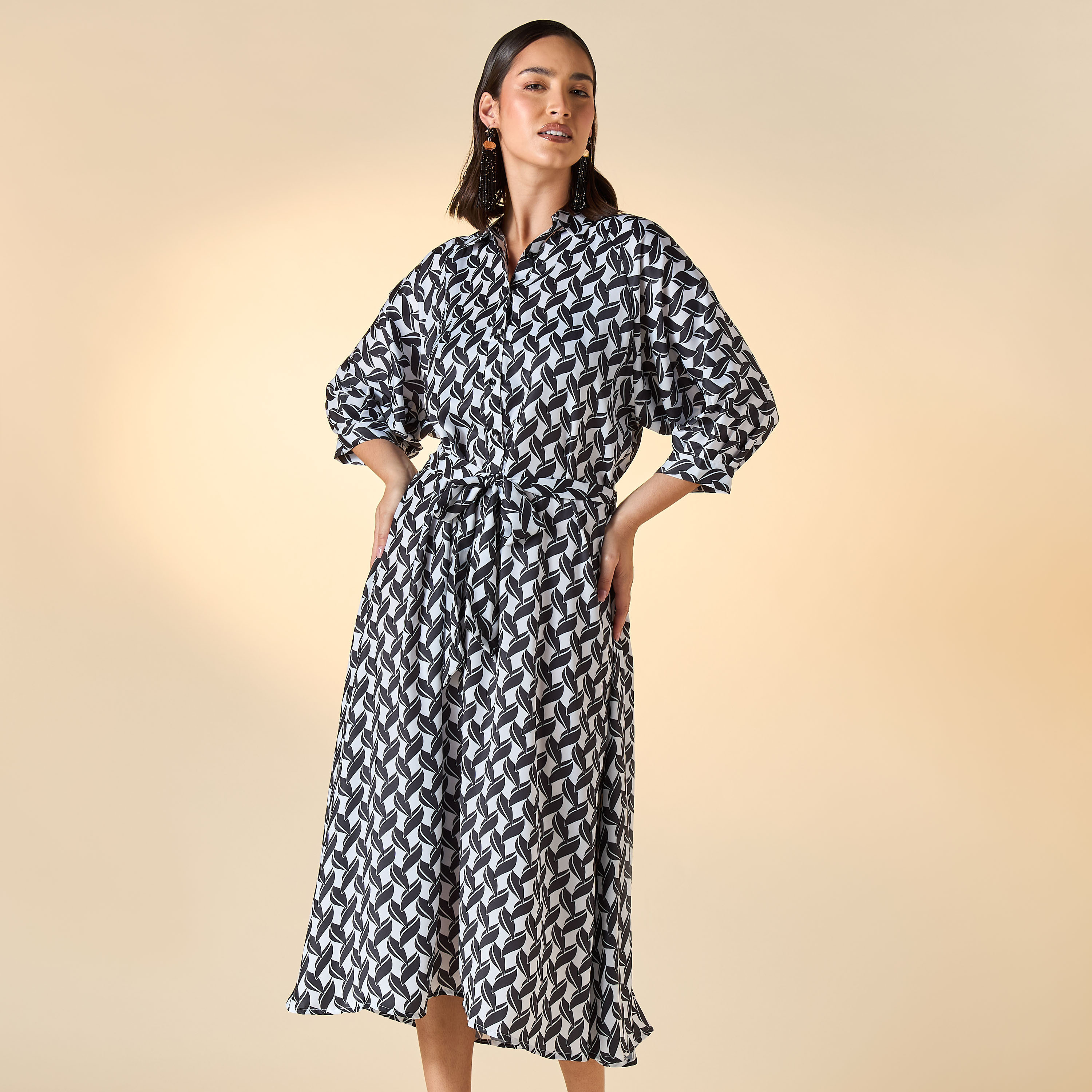 FYOR All-Over Print Shirt Dress with Tie-Up Belt and 3/4 Sleeves-women-clothing-dresses-image-1