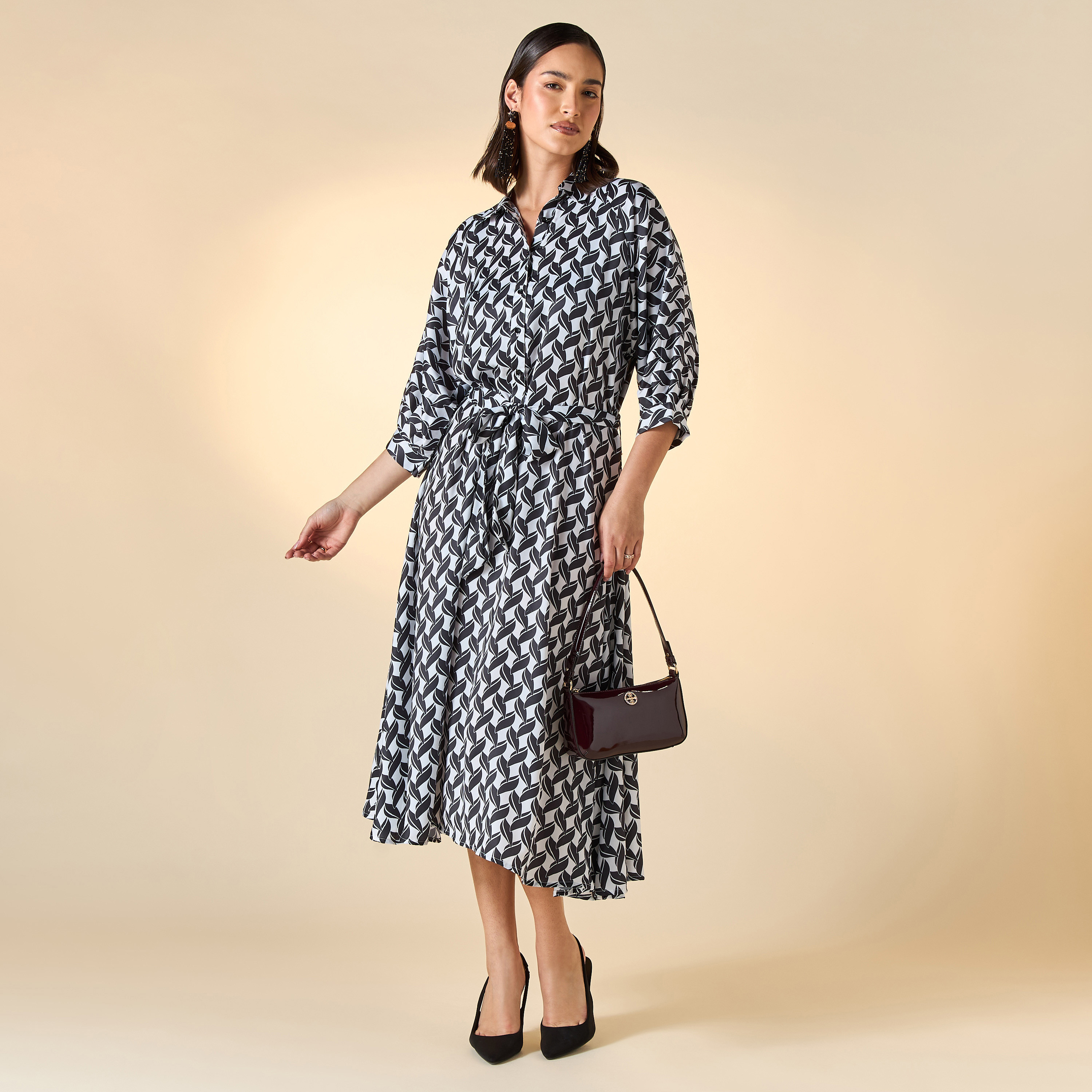 FYOR All-Over Print Shirt Dress with Tie-Up Belt and 3/4 Sleeves-women-clothing-dresses-image-2