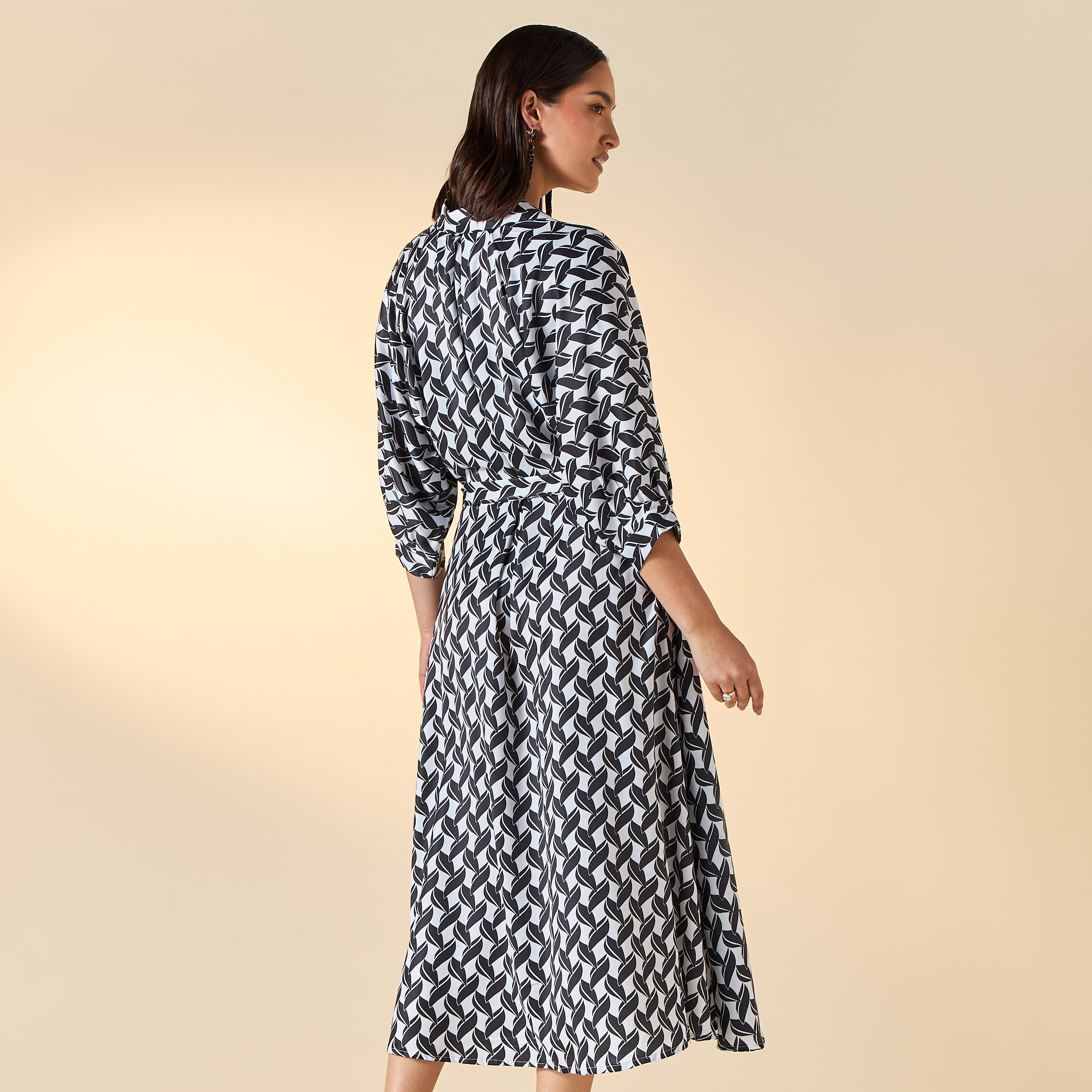FYOR All-Over Print Shirt Dress with Tie-Up Belt and 3/4 Sleeves-women-clothing-dresses-image-3
