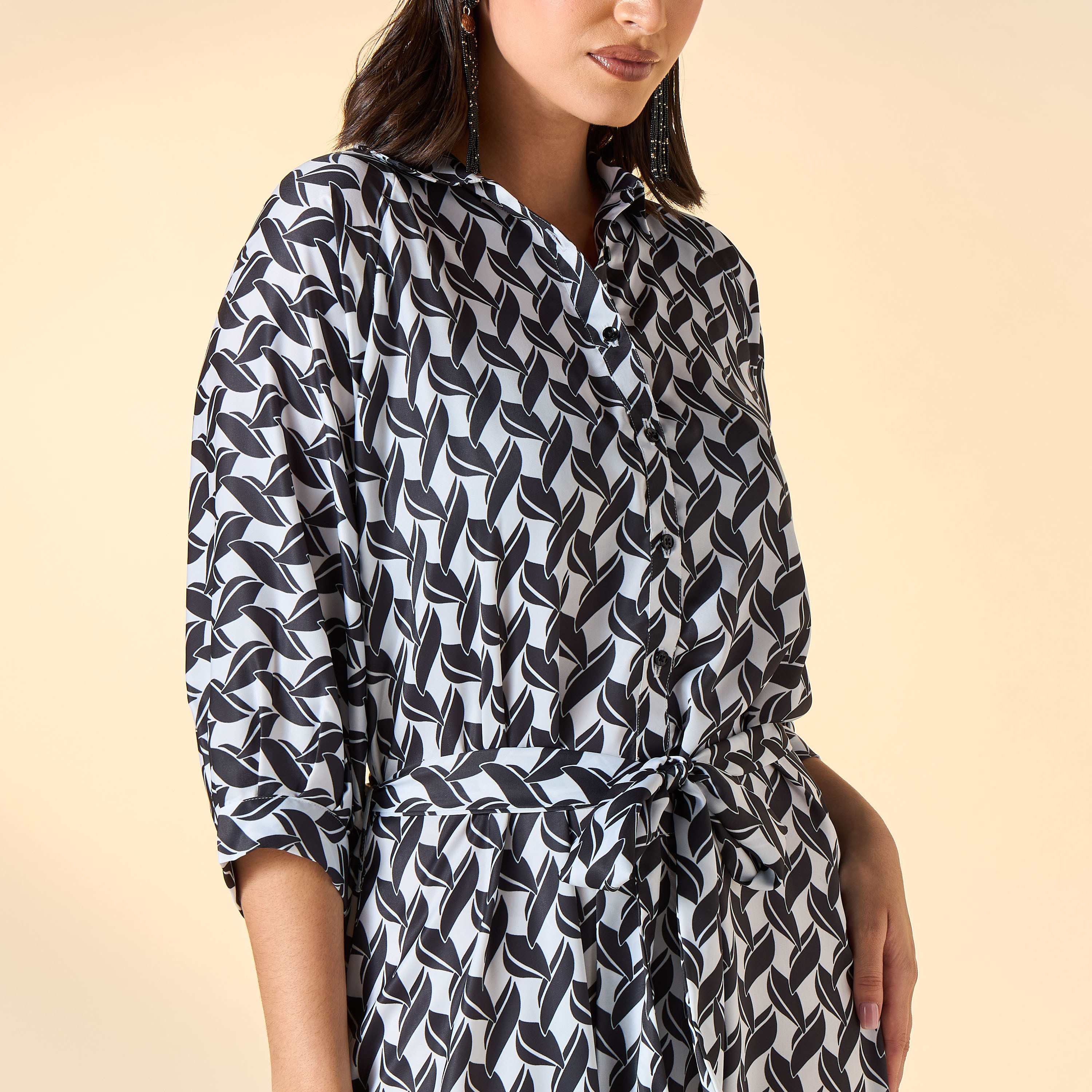 FYOR All-Over Print Shirt Dress with Tie-Up Belt and 3/4 Sleeves-women-clothing-dresses-image-4