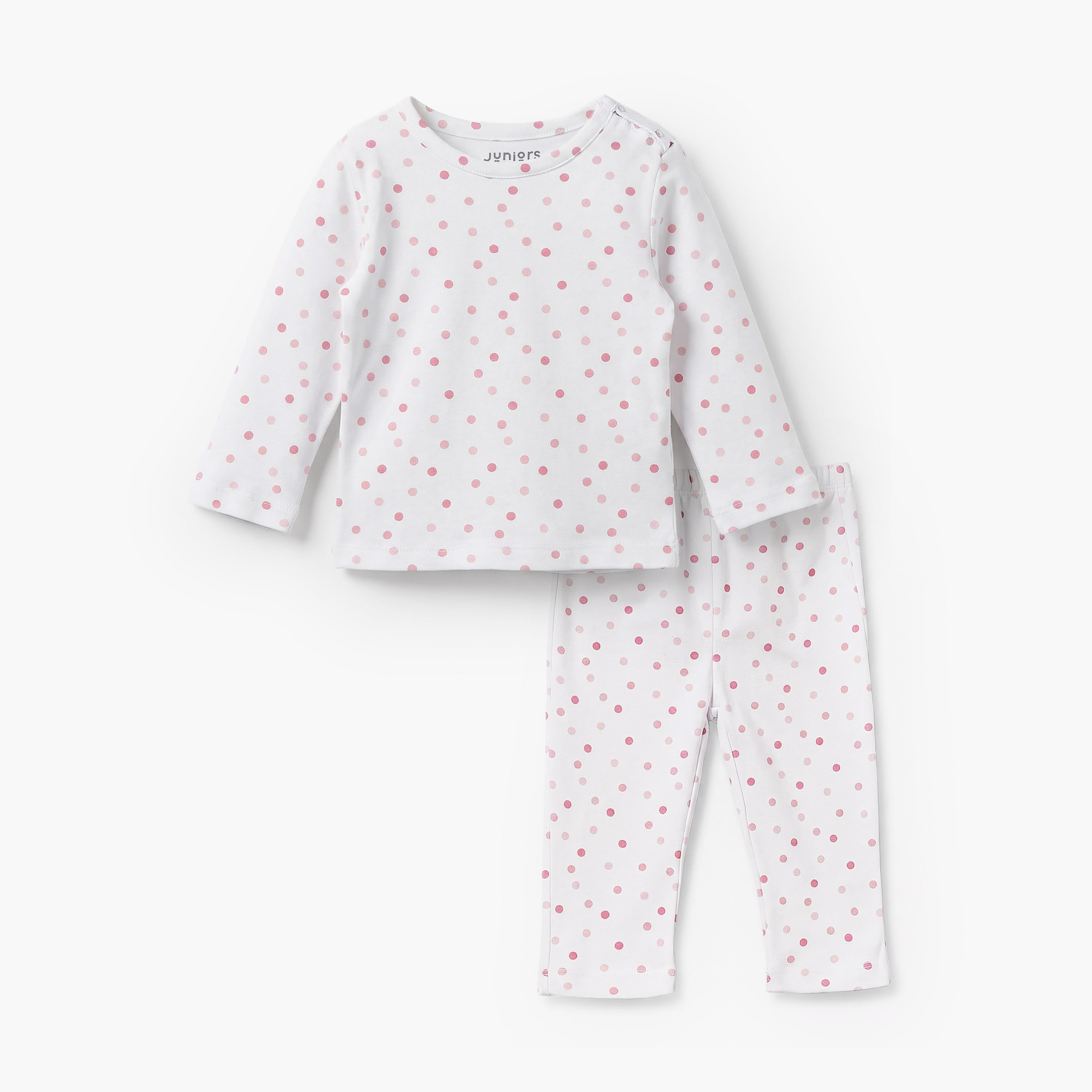 Juniors Cotton Round Neck Long Sleeves Pyjama Set with Polka Dot Print-baby-girls-clothing-nightwear-pyjamasets-image-2