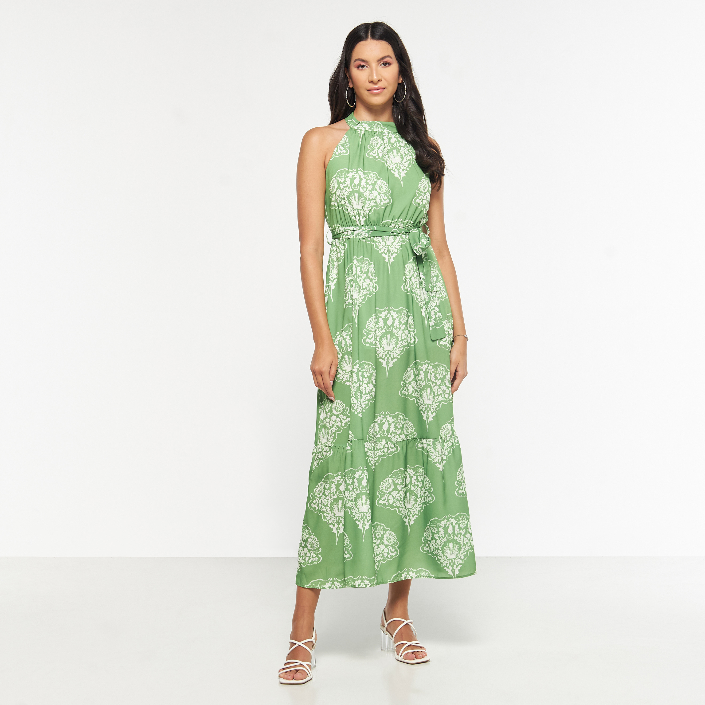 FYOR All-Over Print Halter Neck Dress with Tie-Up Belt-women-clothing-dresses-image-1