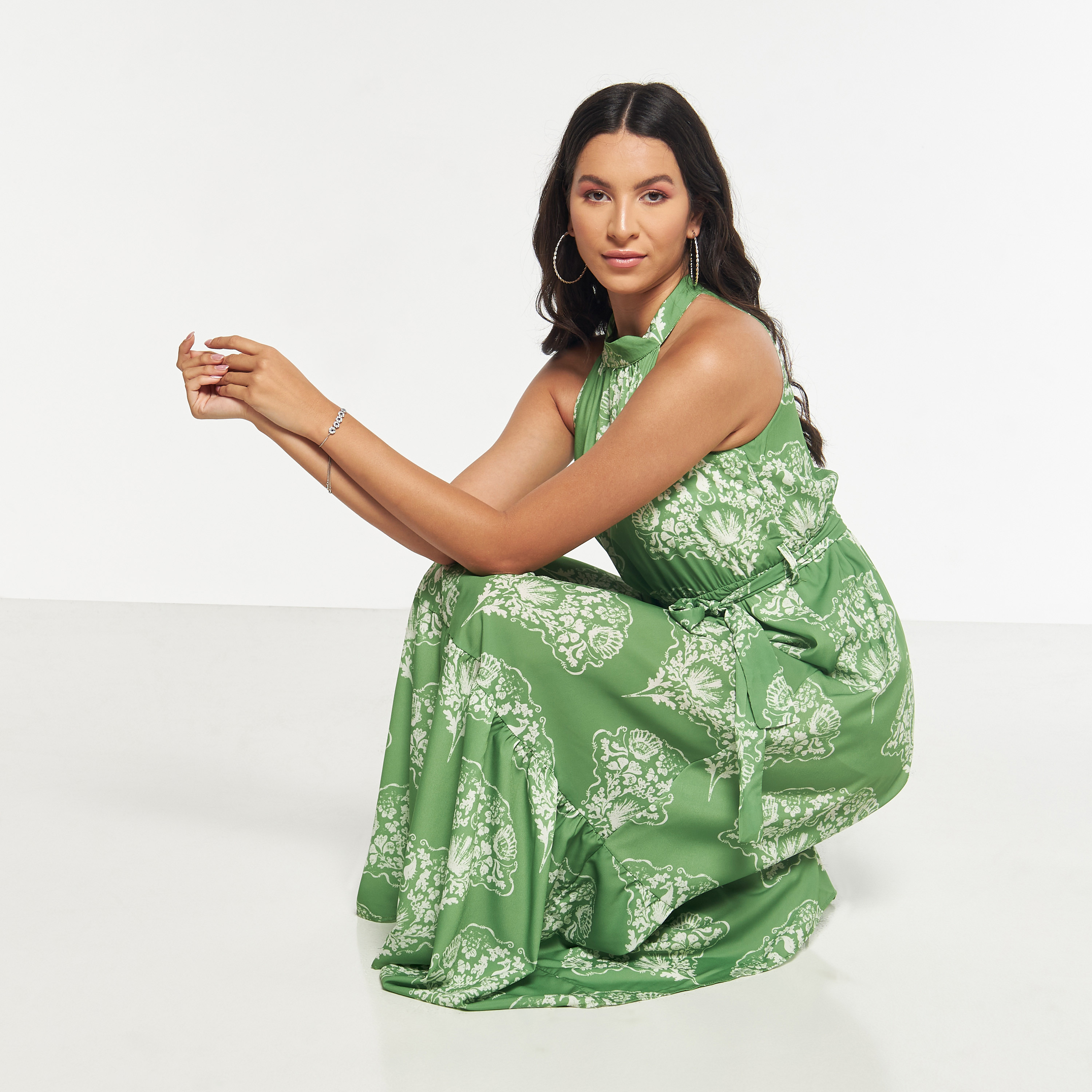 FYOR All-Over Print Halter Neck Dress with Tie-Up Belt-women-clothing-dresses-image-2