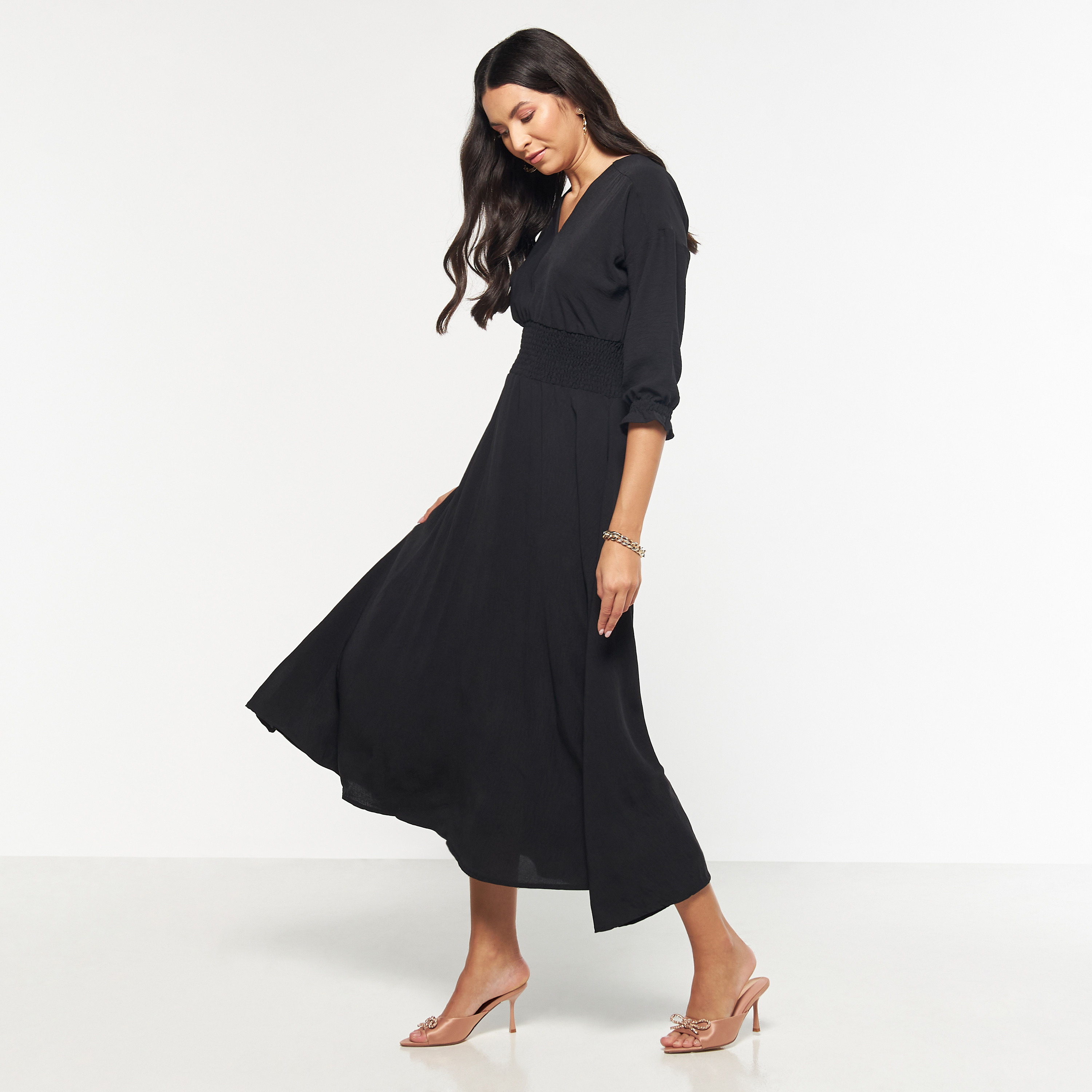 FYOR Solid V-neck Dress with Shirred Detail and 3/4 Sleeves-women-clothing-dresses-image-2