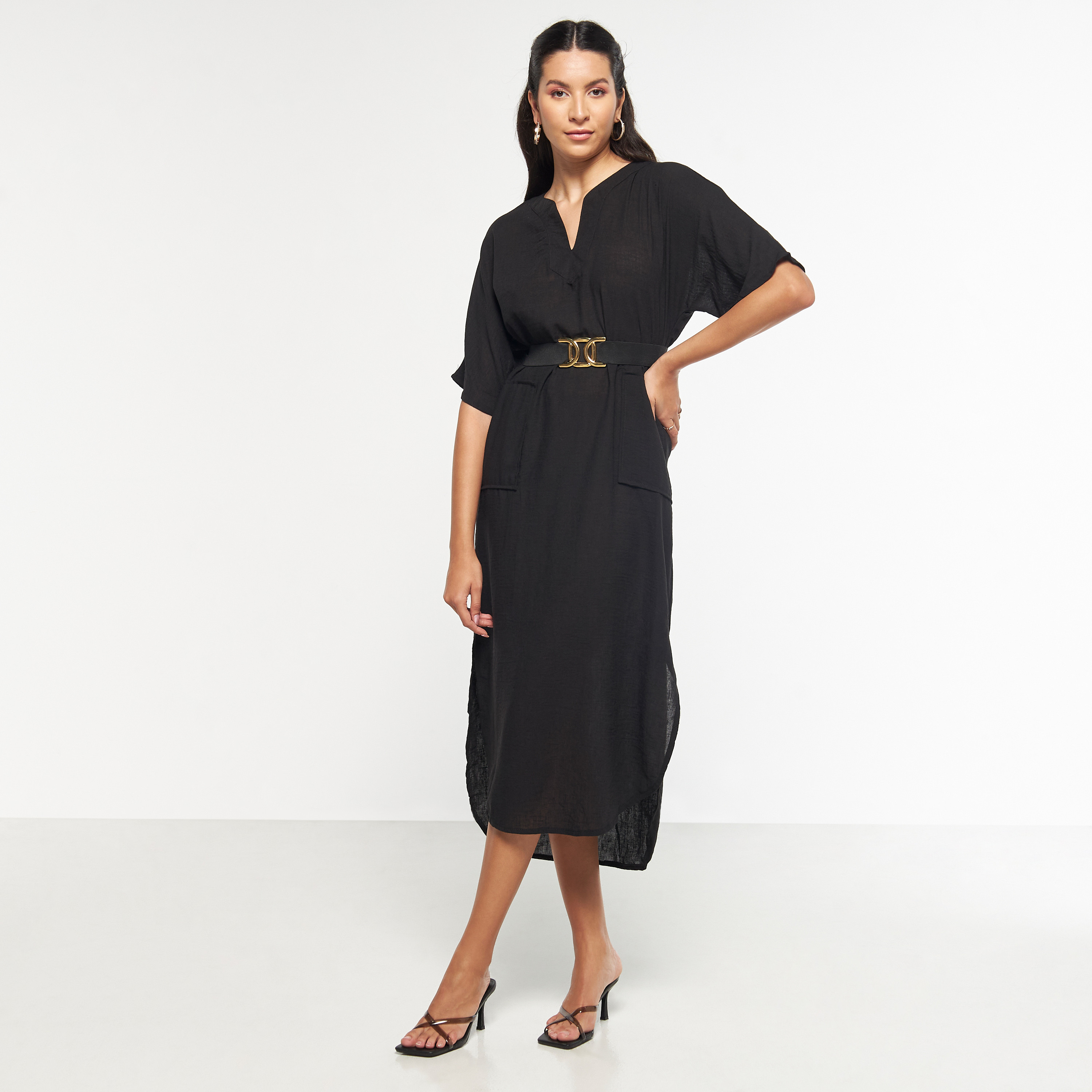 FYOR Solid Dress with Drop Shoulder Sleeves and Belt-women-clothing-dresses-image-1