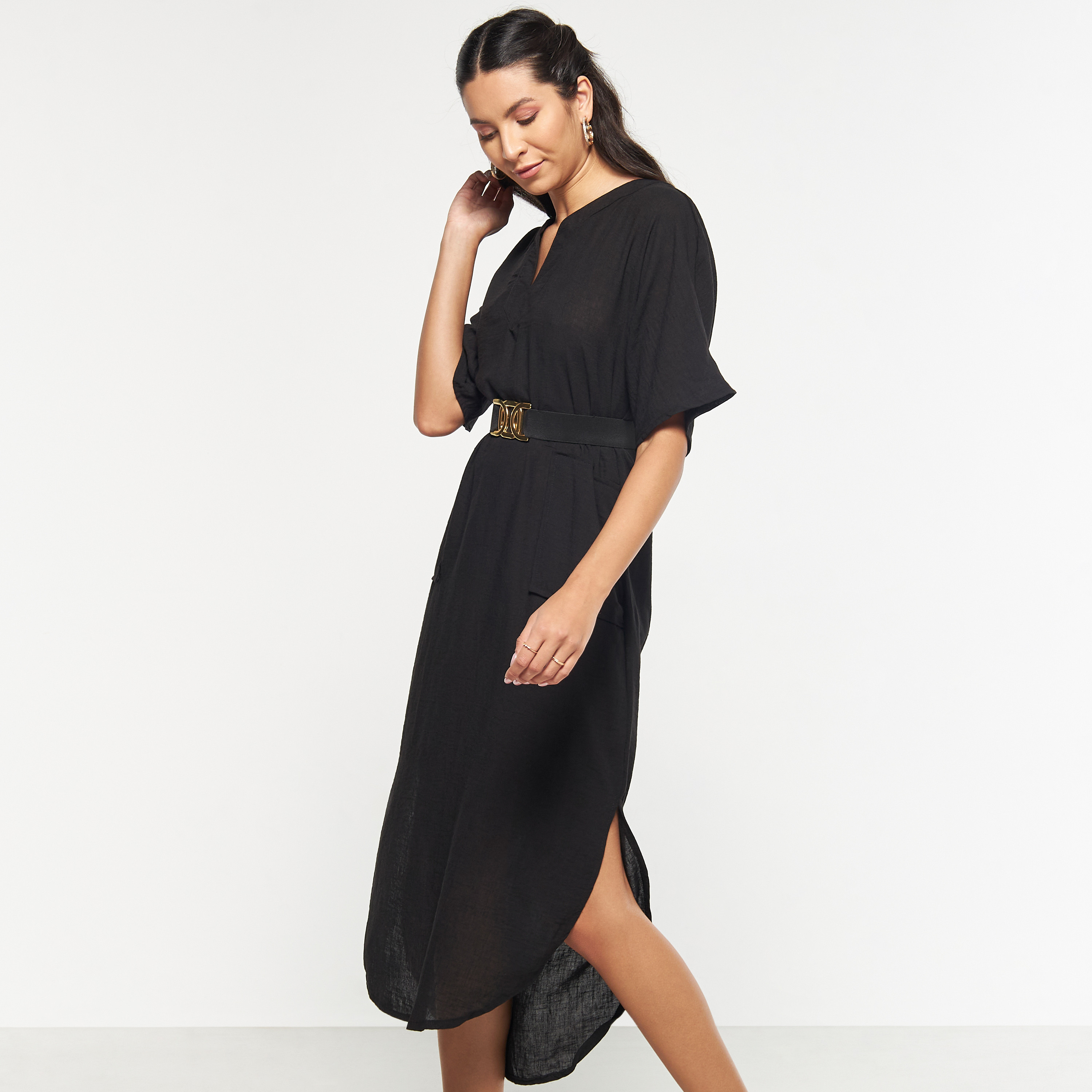 فستان سادة بأكمام بأكتاف منسدلة وحزام من فيور-women-clothing-dresses-image-2