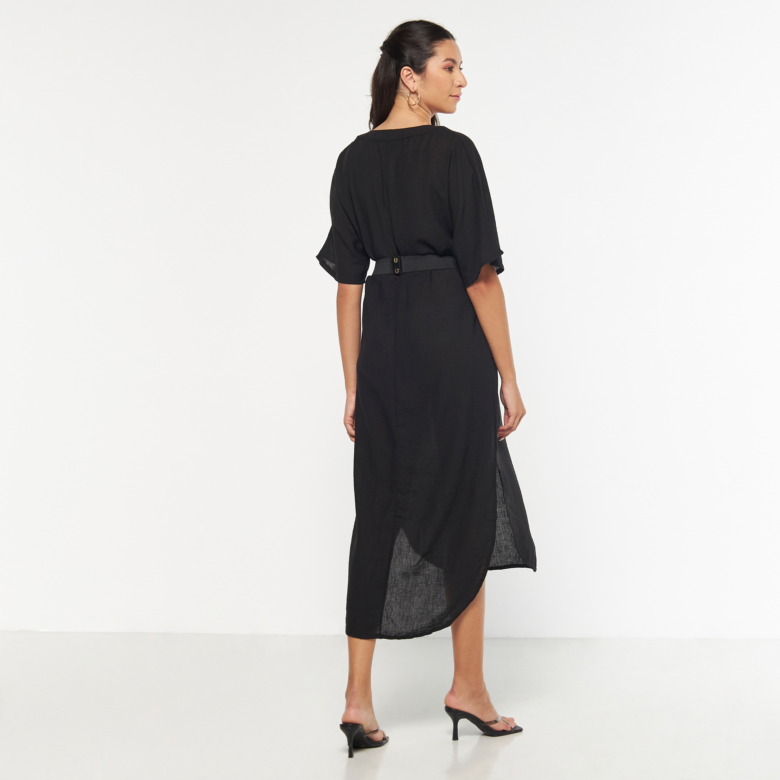 FYOR Solid Dress with Drop Shoulder Sleeves and Belt-women-clothing-dresses-image-3