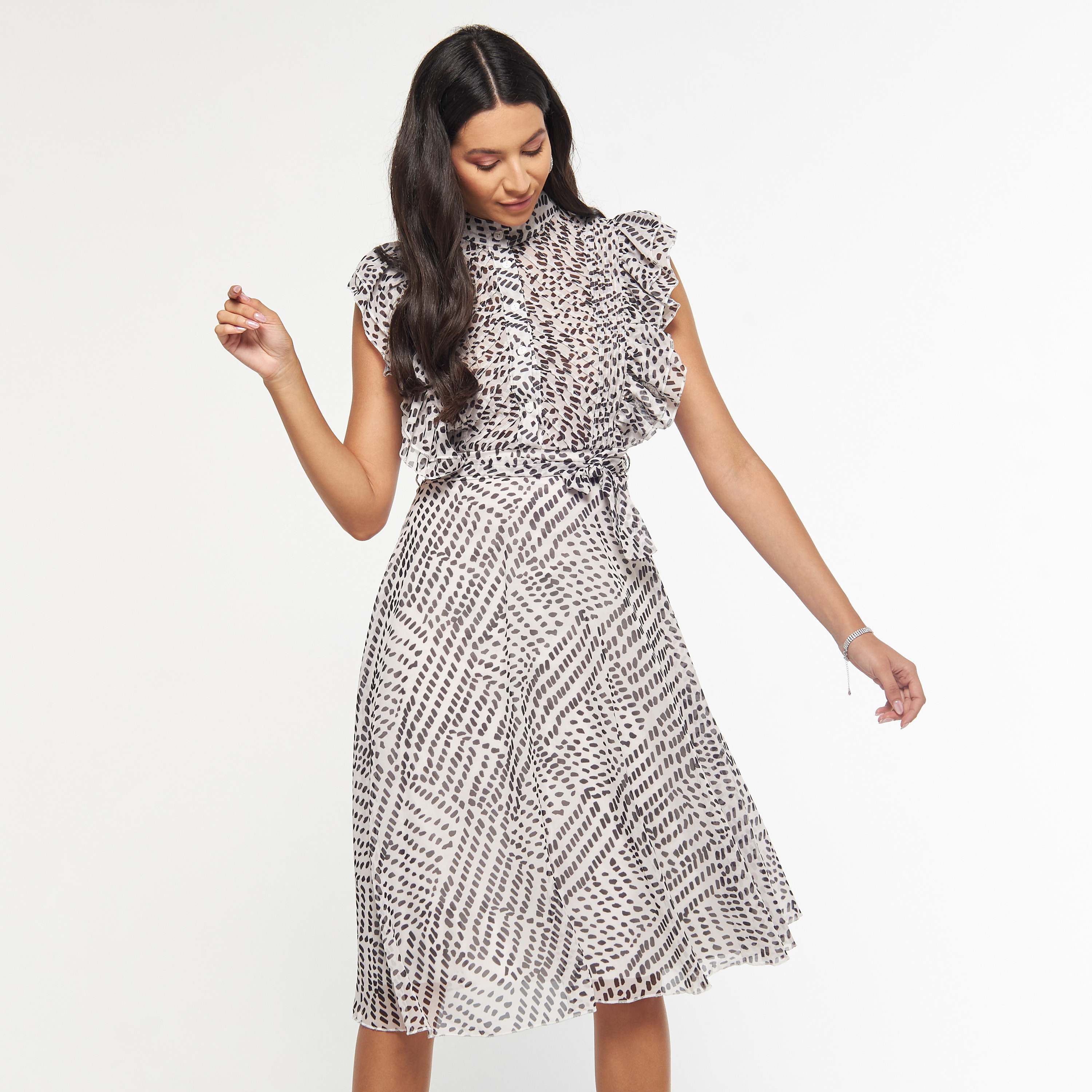 فستان دون أكمام بياقة ماندارين وحزام ربط وطبعات من فيور-women-clothing-dresses-image-1