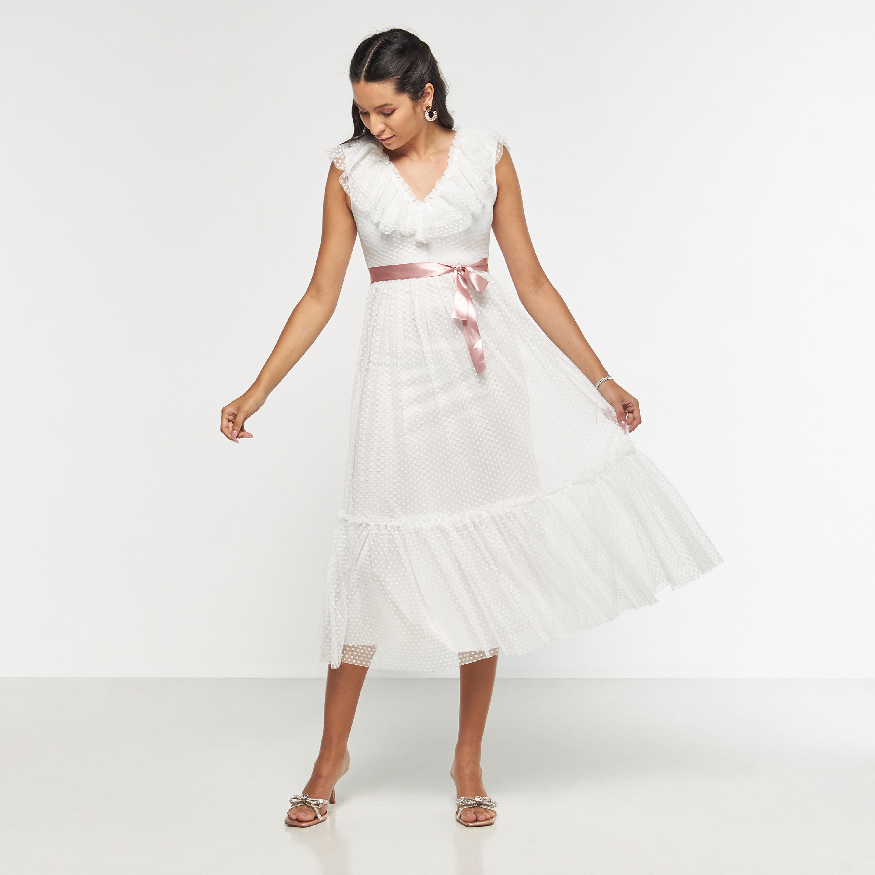 FYOR Ruffle Detail Sleeveless Tiered Dress with Belt Tie-Up-women-clothing-dresses-image-1