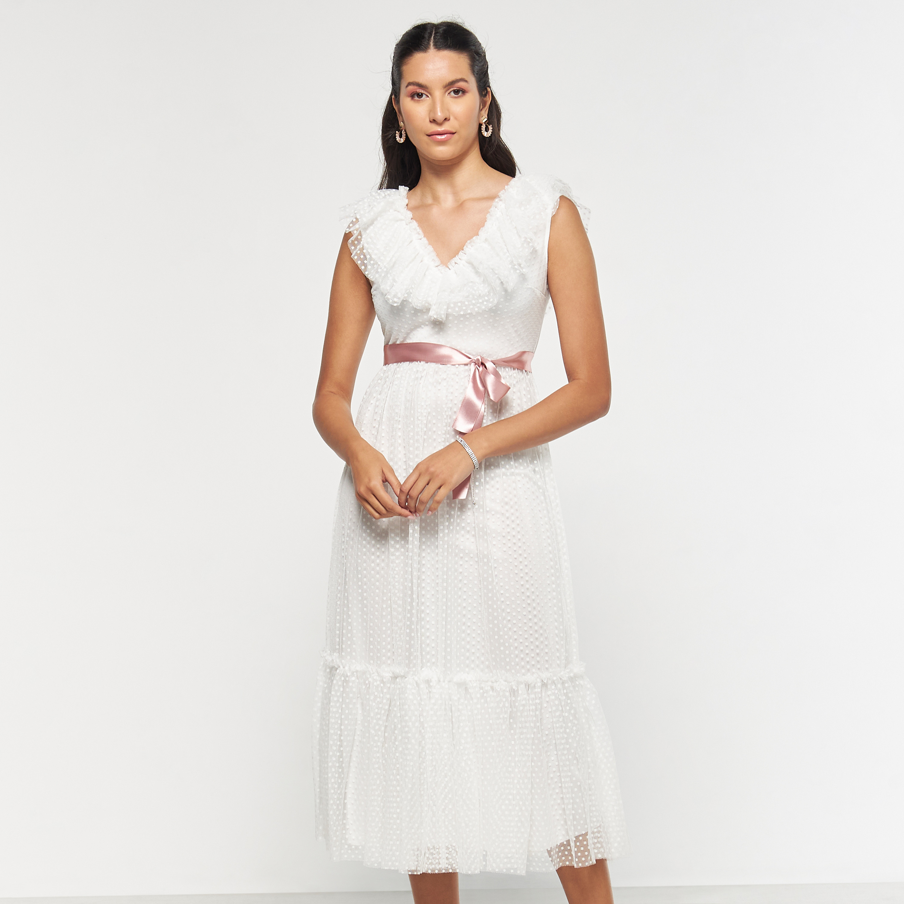 FYOR Ruffle Detail Sleeveless Tiered Dress with Belt Tie-Up-women-clothing-dresses-image-2