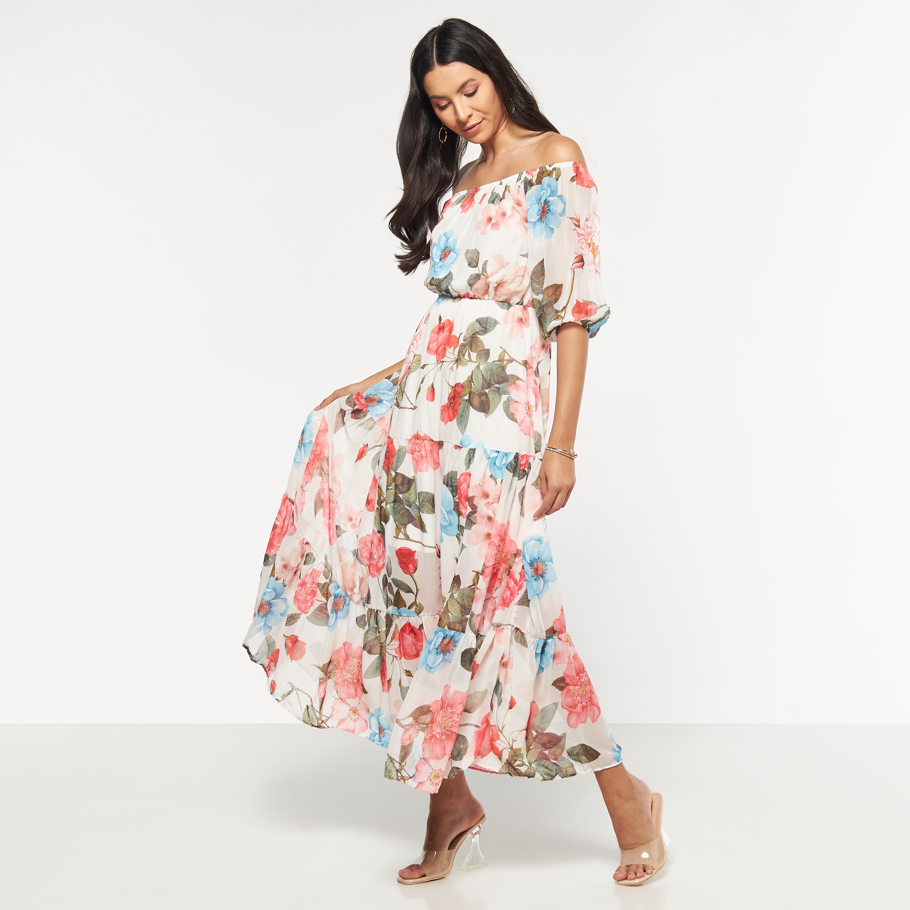 فستان مكشوف الأكتاف متعدد الطبقات بأكمام قصيرة وطبعات أزهار من فيور-women-clothing-dresses-image-5