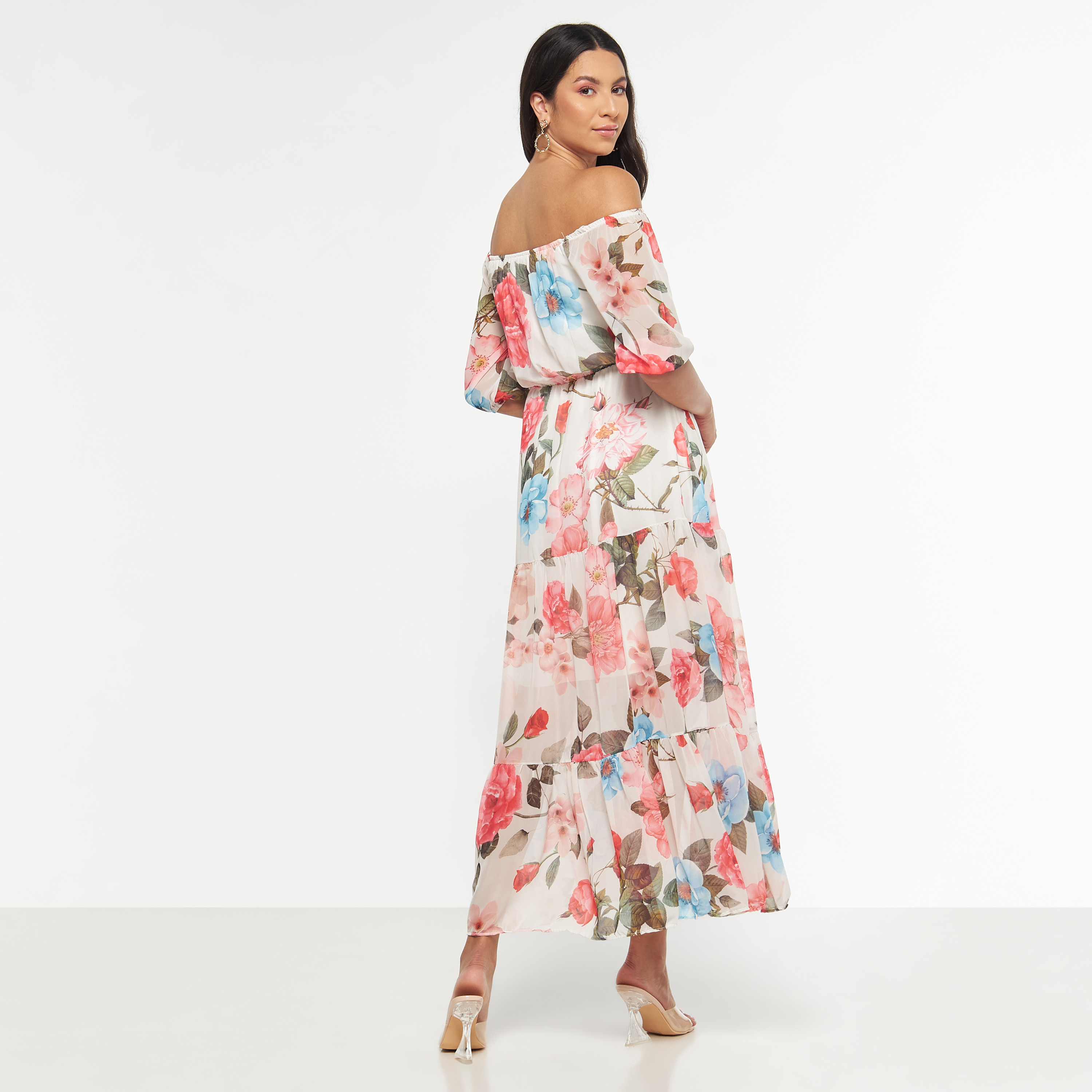 فستان مكشوف الأكتاف متعدد الطبقات بأكمام قصيرة وطبعات أزهار من فيور-women-clothing-dresses-image-6