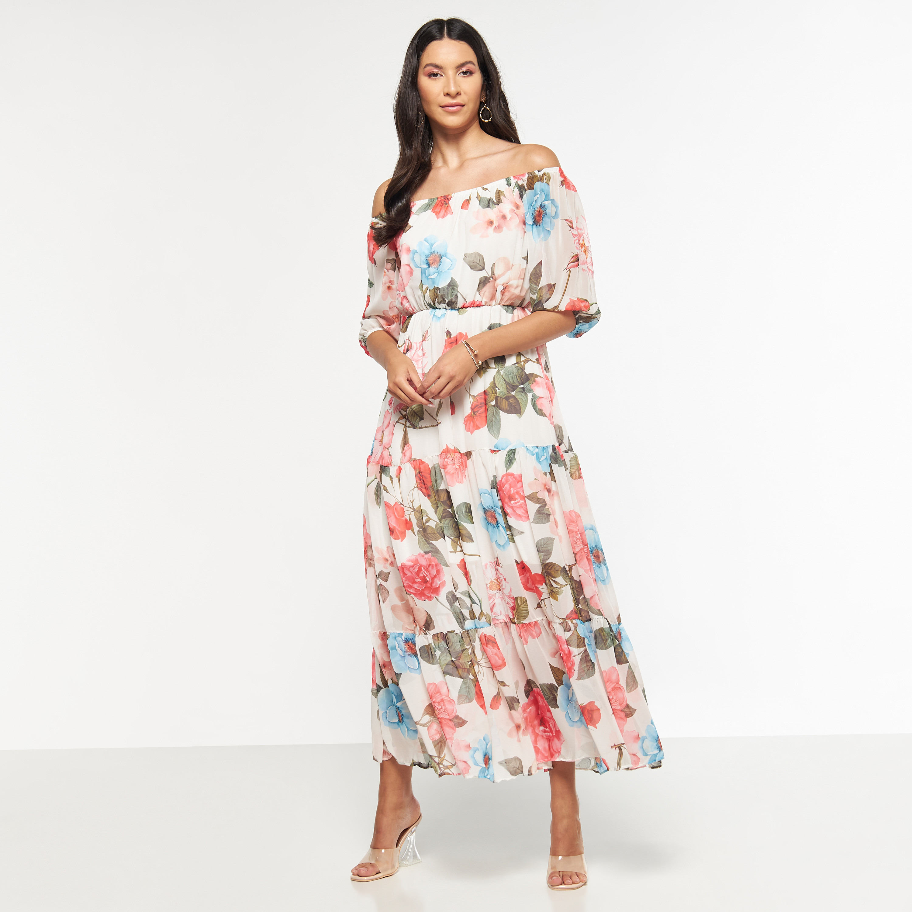 فستان مكشوف الأكتاف متعدد الطبقات بأكمام قصيرة وطبعات أزهار من فيور-women-clothing-dresses-image-7
