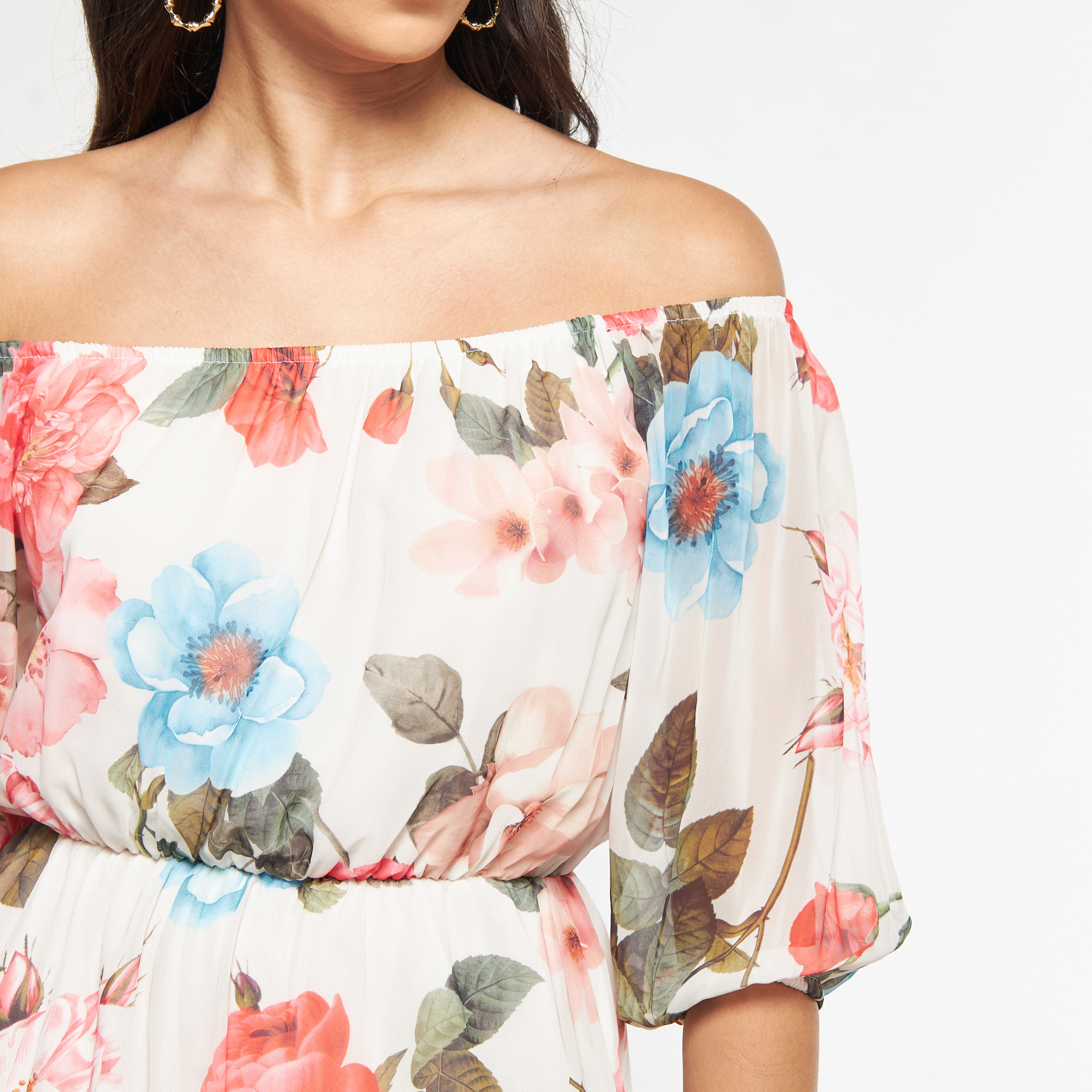 فستان مكشوف الأكتاف متعدد الطبقات بأكمام قصيرة وطبعات أزهار من فيور-women-clothing-dresses-image-8
