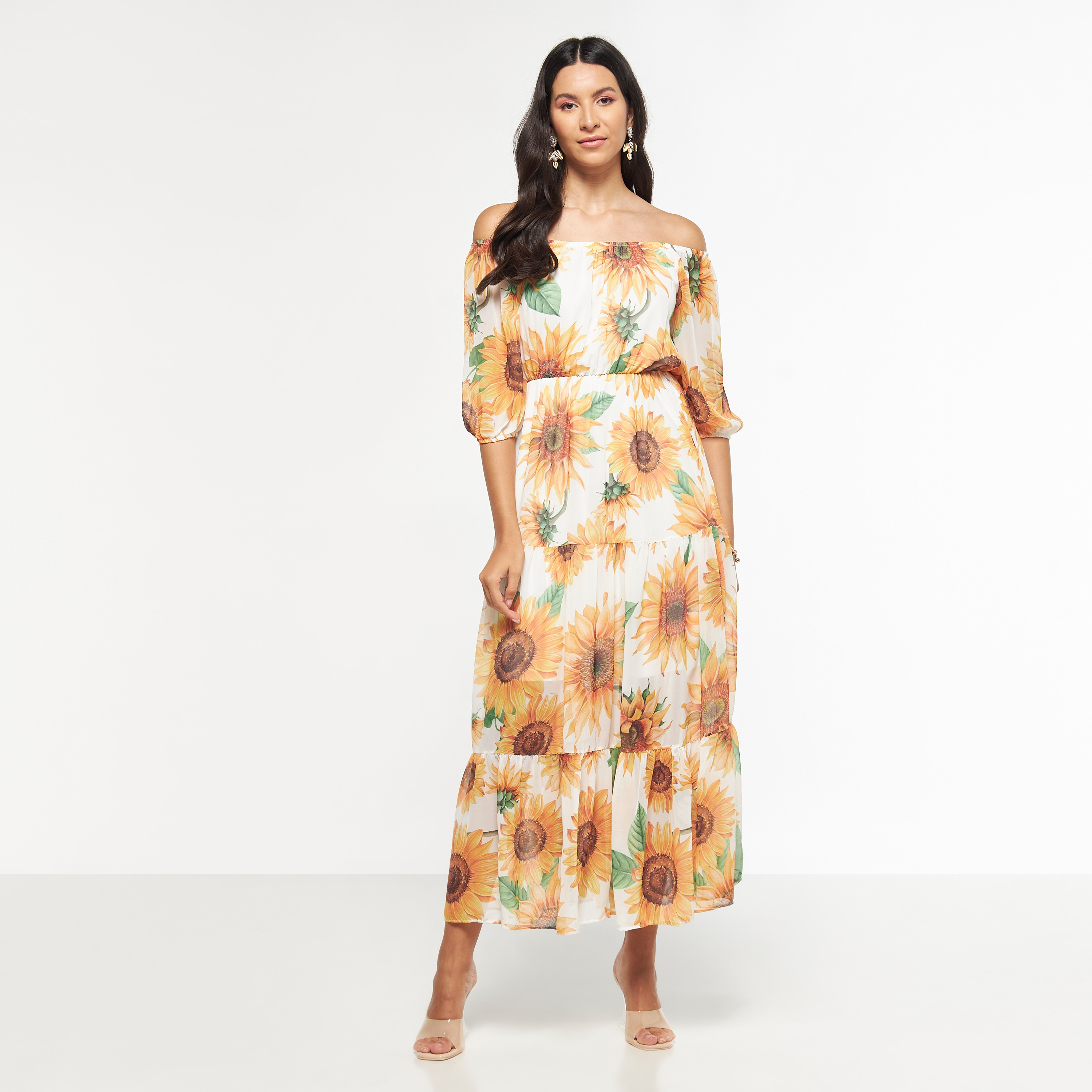 فستان مكشوف الأكتاف متعدد الطبقات بأكمام قصيرة وطبعات أزهار من فيور-women-clothing-dresses-image-1