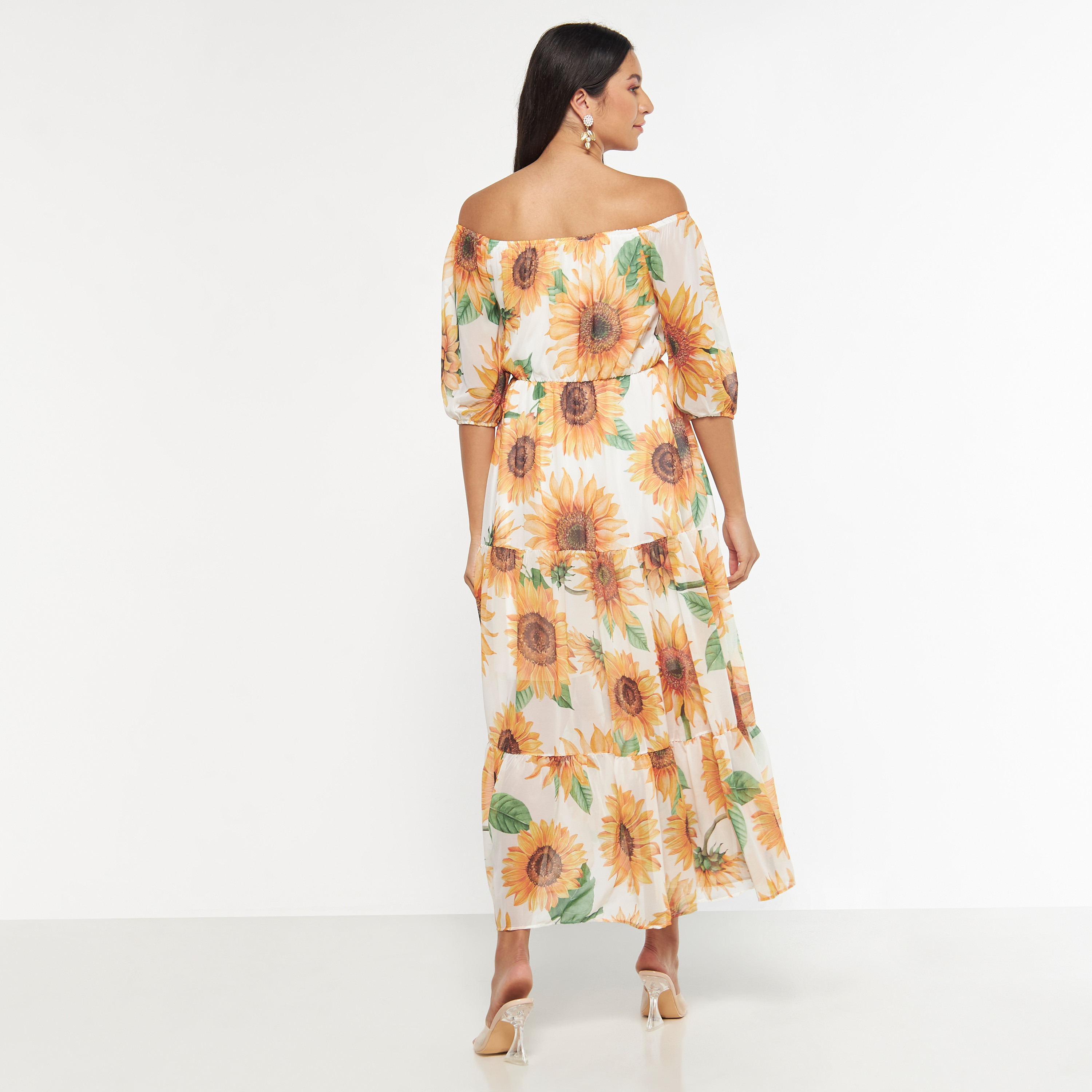 FYOR Floral Print Tiered Off-Shoulder Dress with Short Sleeves-women-clothing-dresses-image-3