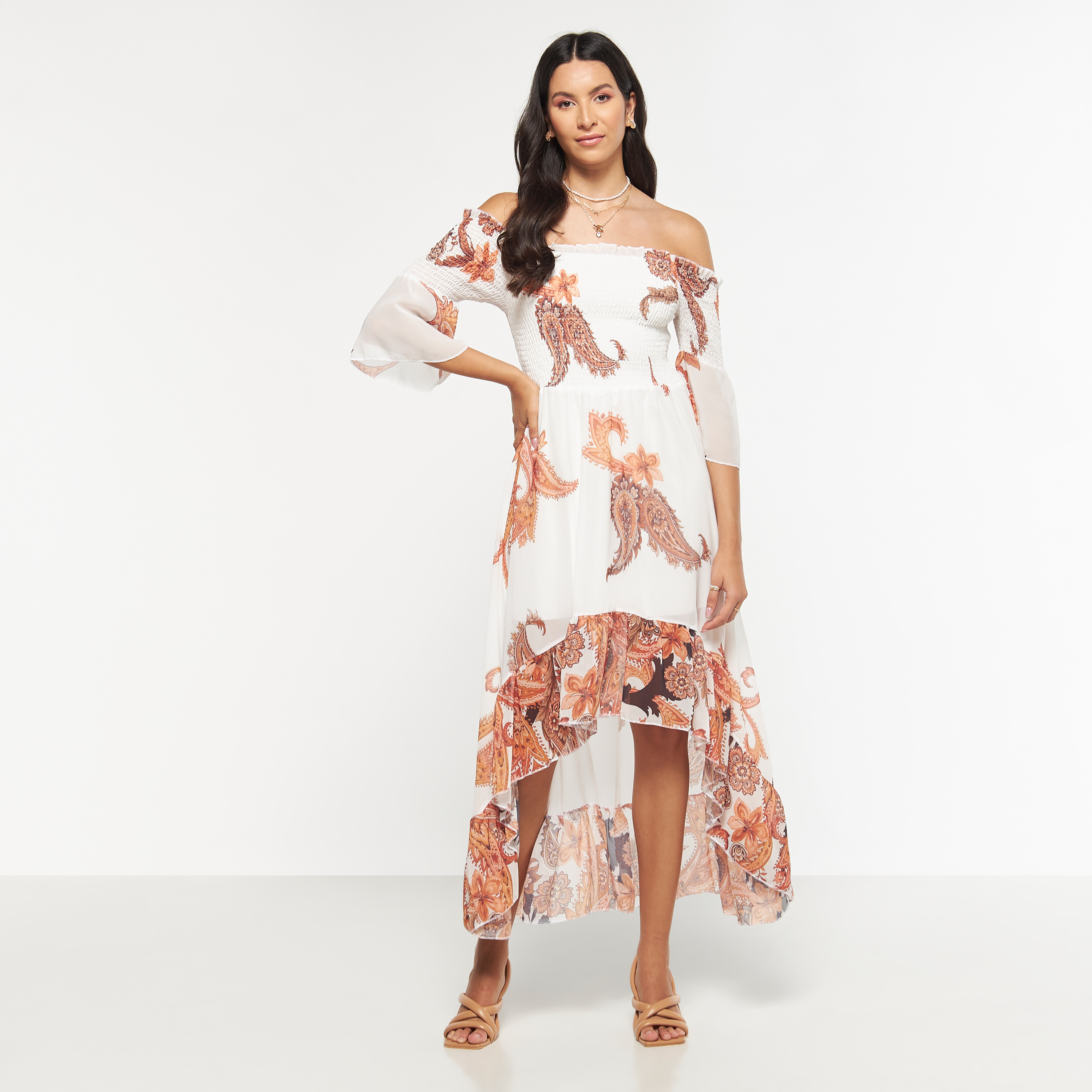 FYOR All-Over Paisley Print Off Shoulder Dress with Asymmetric Hem-women-clothing-dresses-image-1