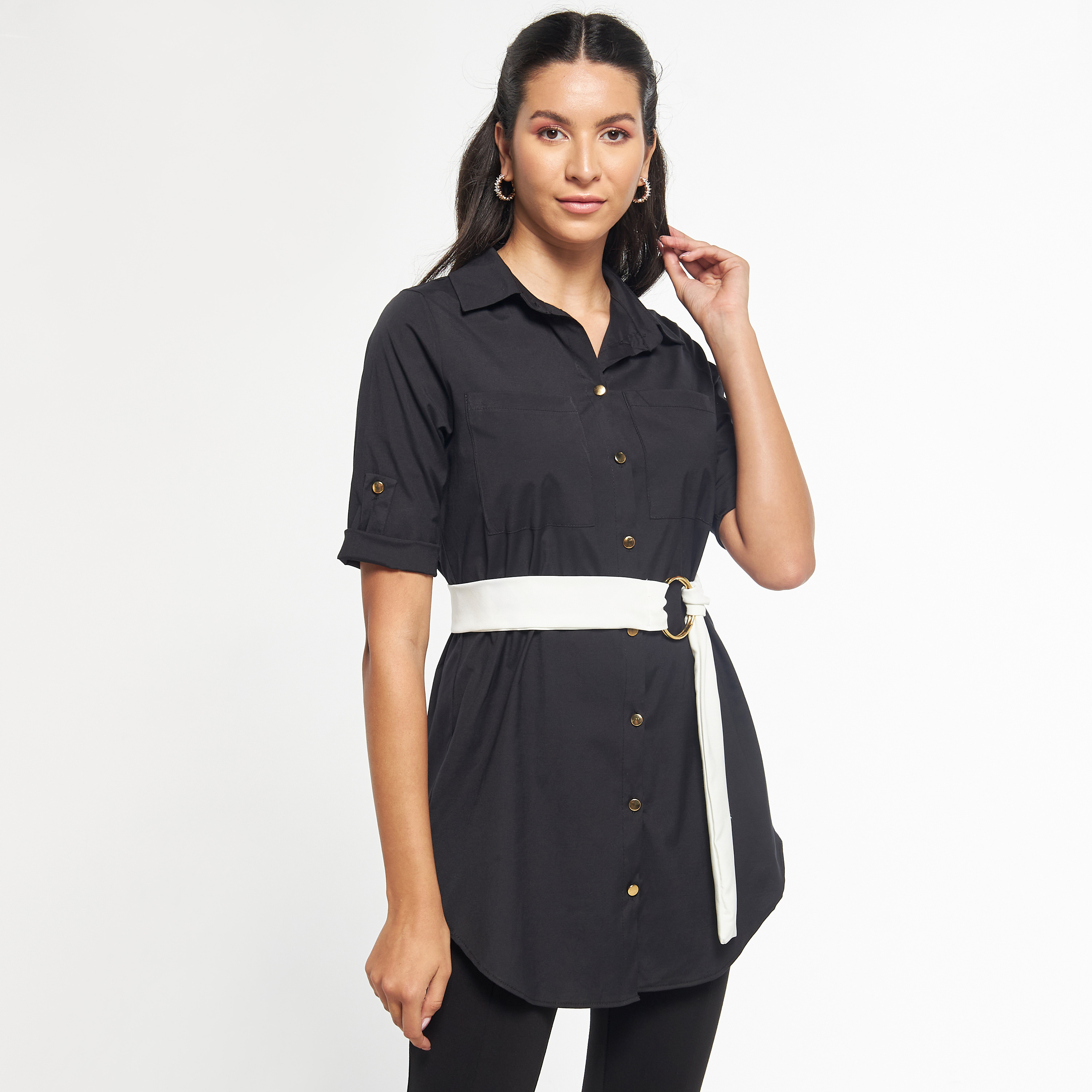 FYOR Tunic Shirt with Belt and Roll-Up Sleeves-women-clothing-shirtsandblouses-blouses-image-1