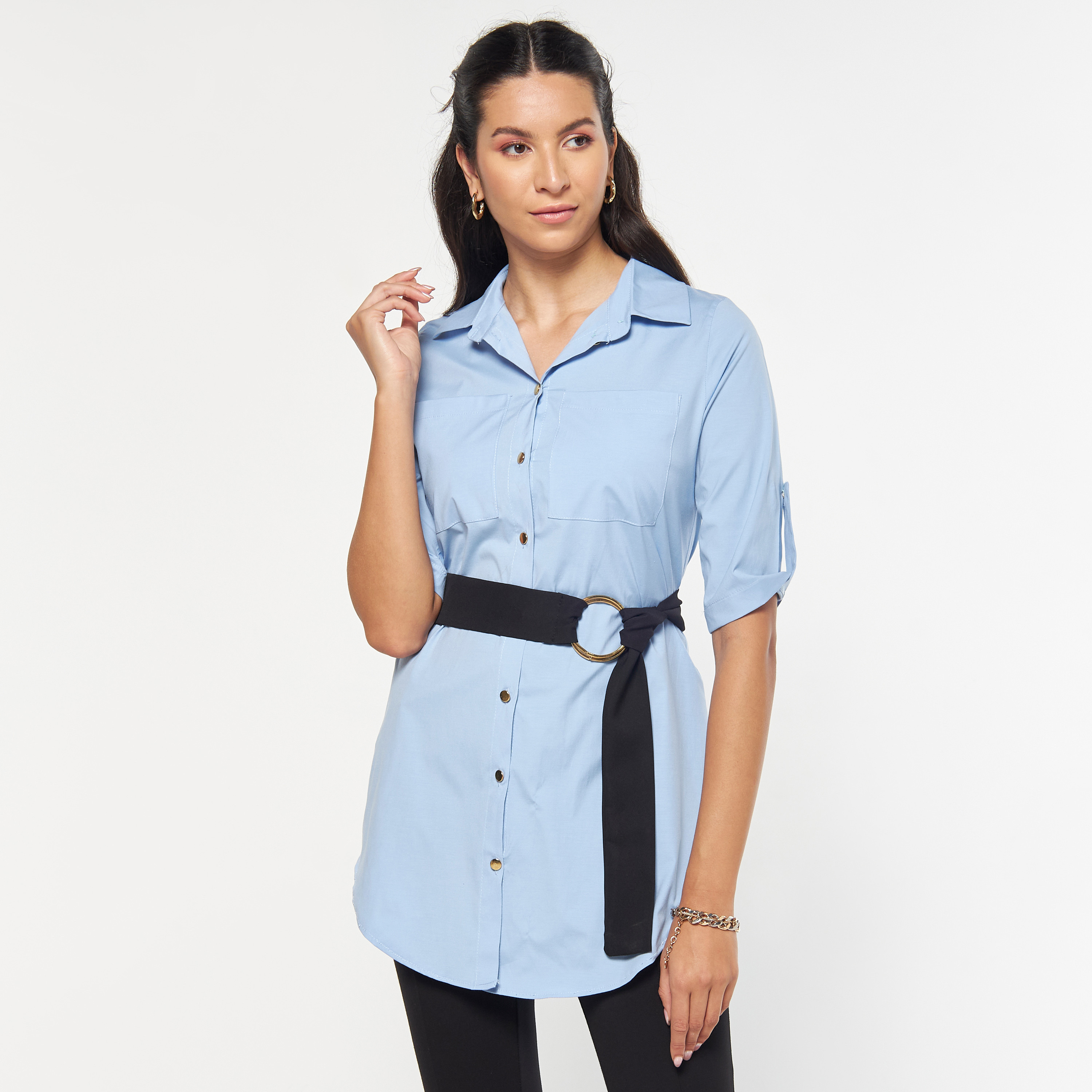 قميص تونيك بأكمام مثنية لأعلى وحزام من فيور-women-clothing-shirtsandblouses-blouses-image-5