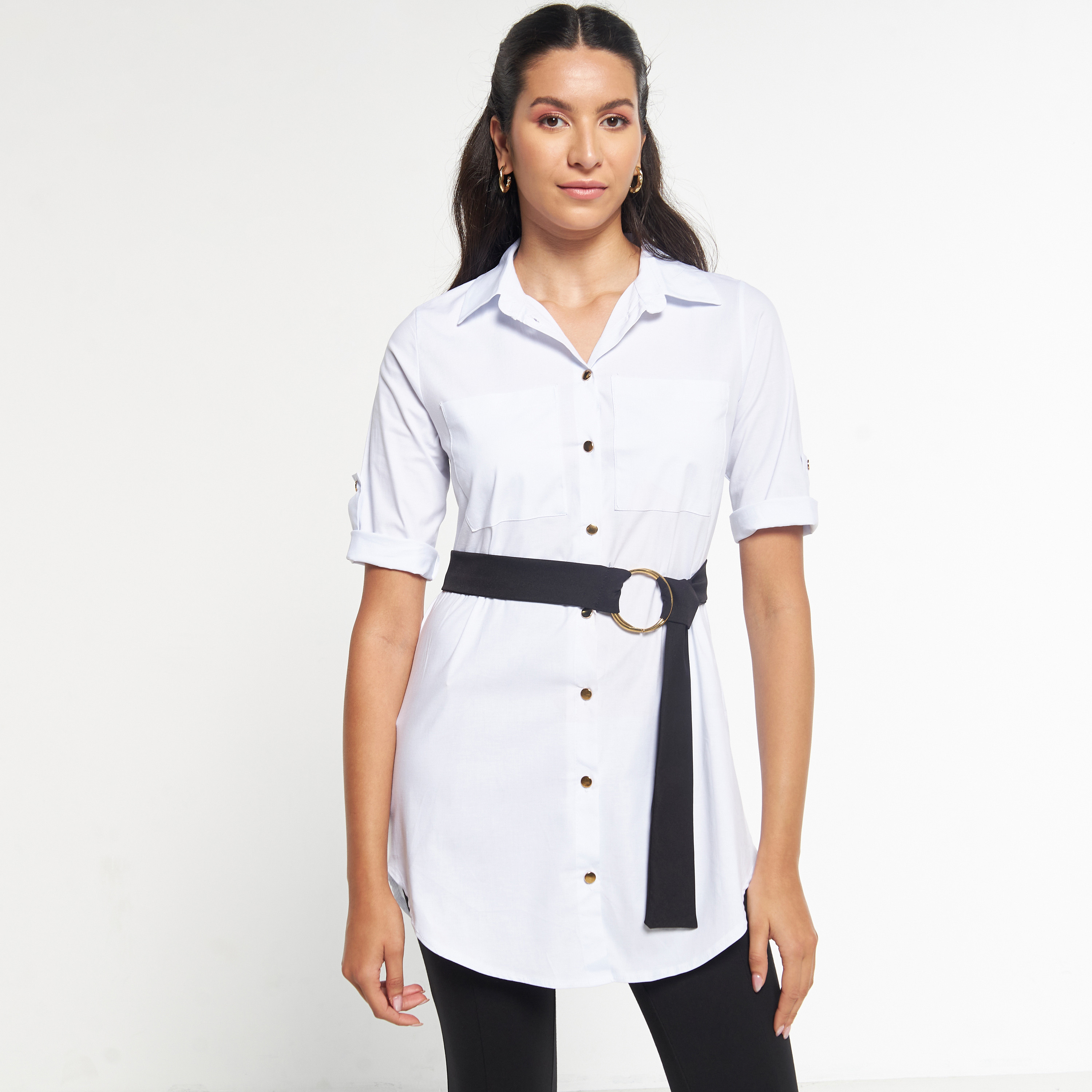قميص تونيك بأكمام مثنية لأعلى وحزام من فيور-women-clothing-shirtsandblouses-blouses-image-9