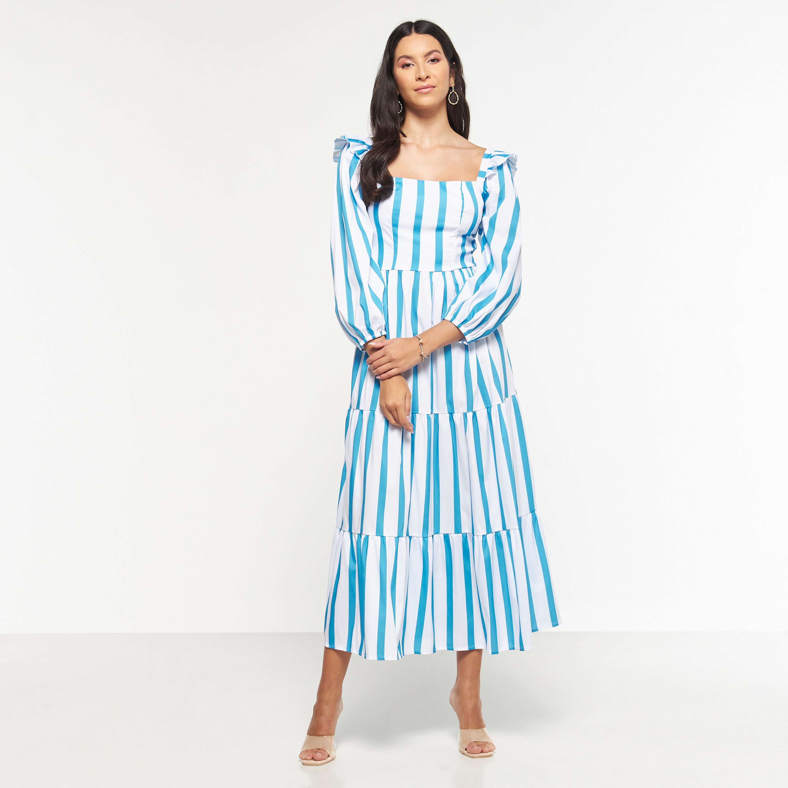 فستان مخطط متعدد الطبقات بأكمام 3/4 وياقة مربعة من فيو-women-clothing-dresses-image-1