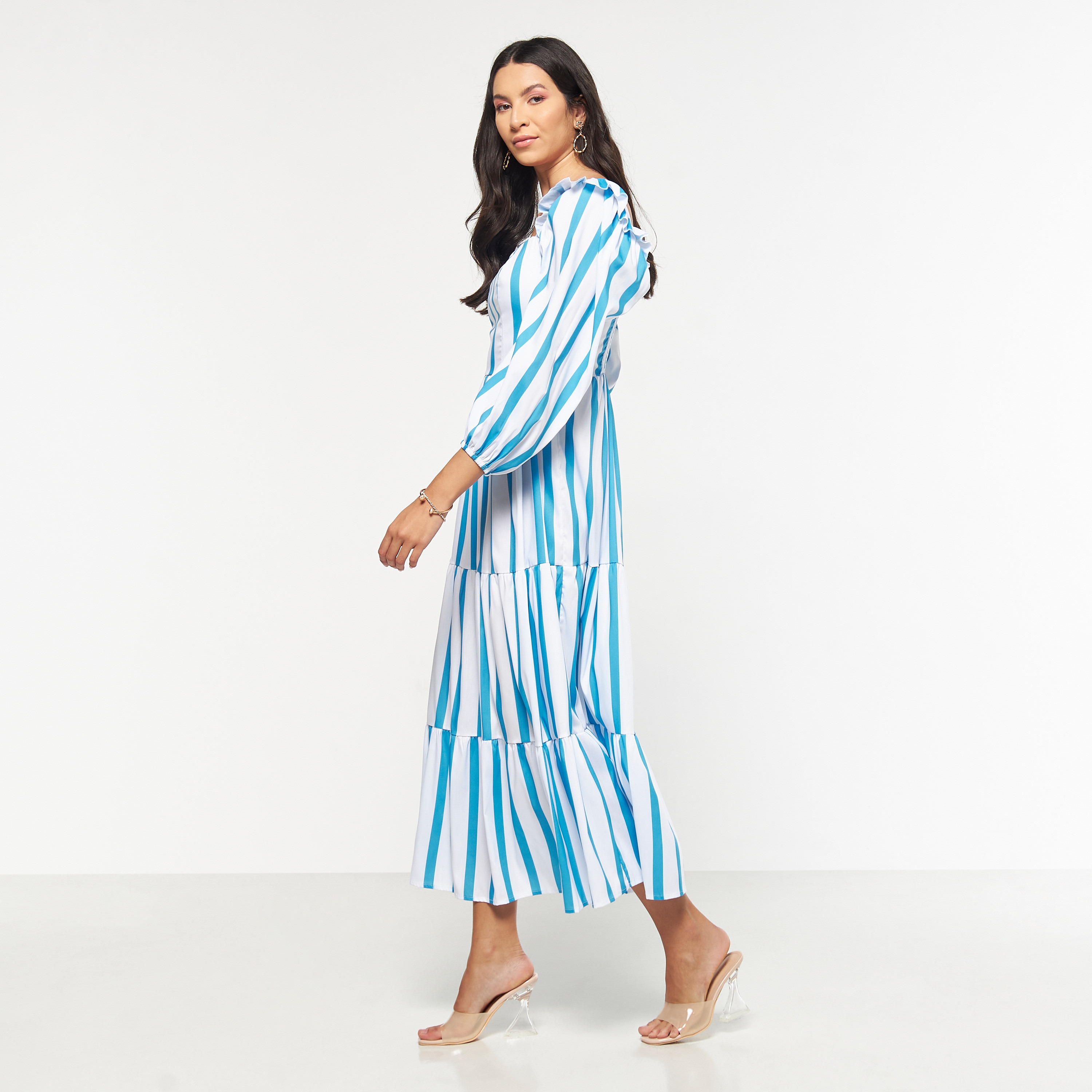 FYOR Striped Tiered Dress with Square Neck and 3/4 Sleeves-women-clothing-dresses-image-2